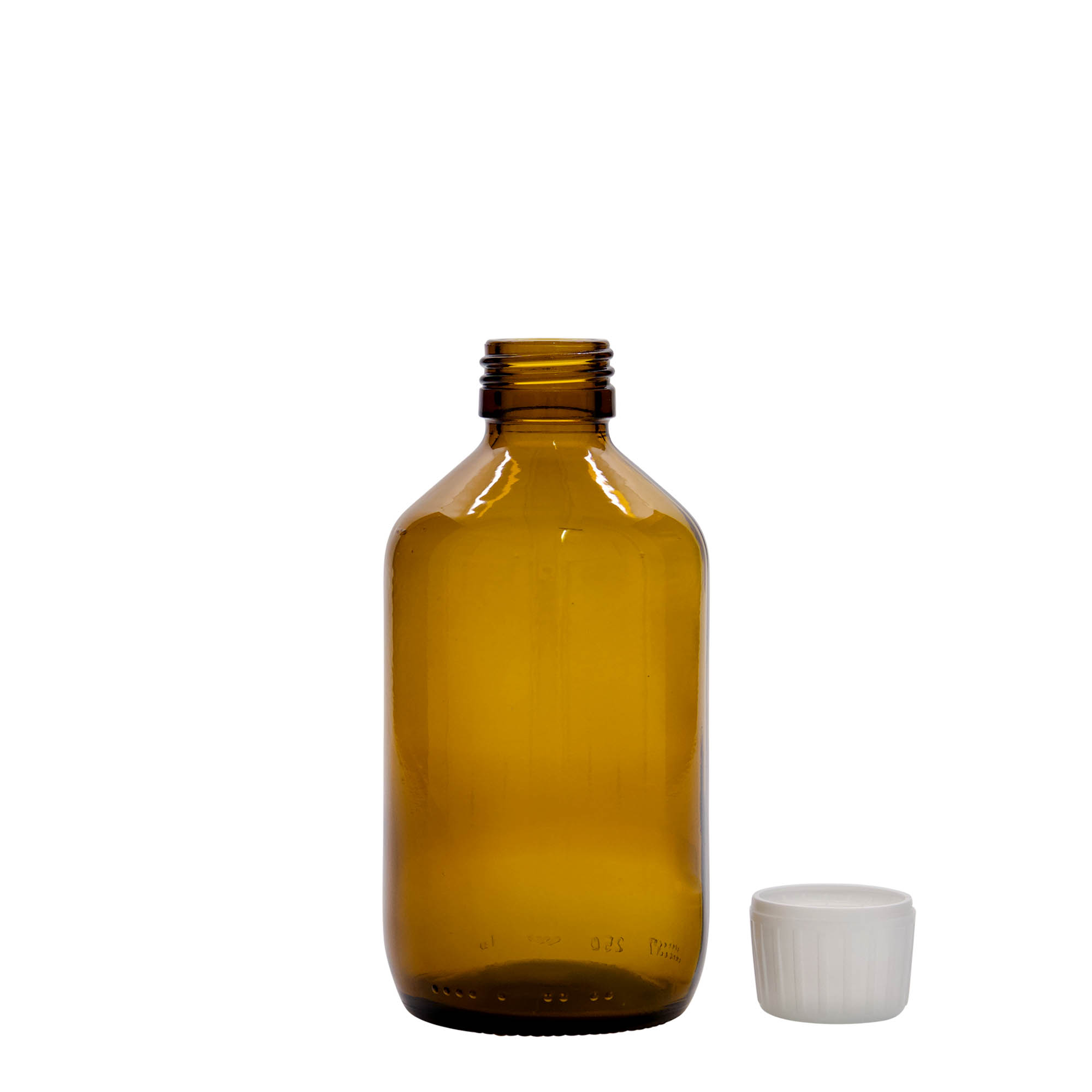 250 ml medische fles, bruin, glas, mondstuk: PP 28 250 ml medische fles, bruin, glas, mondstuk: PP 28