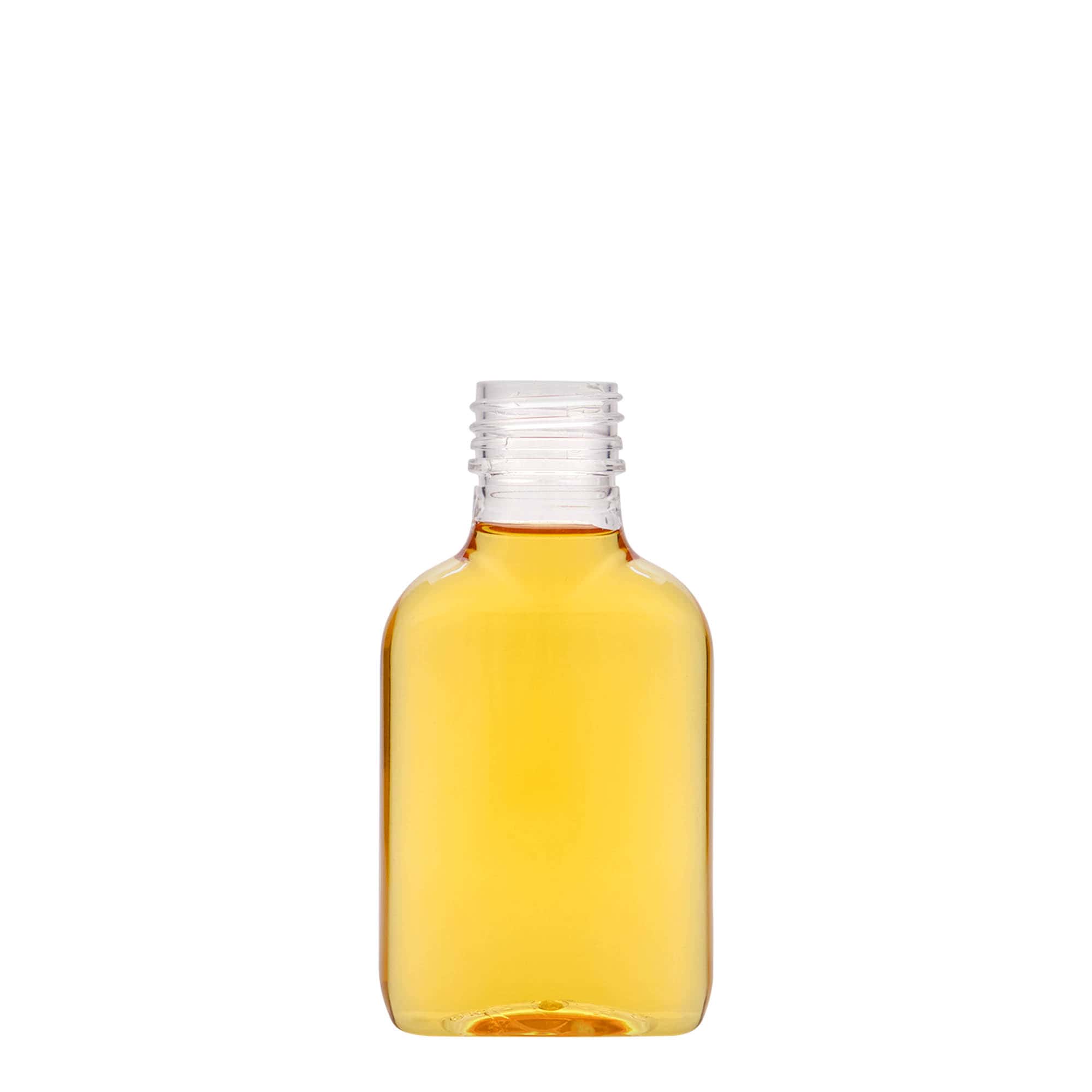 100 ml zakfles, ovaal, PET-kunststof, mondstuk: PP 28