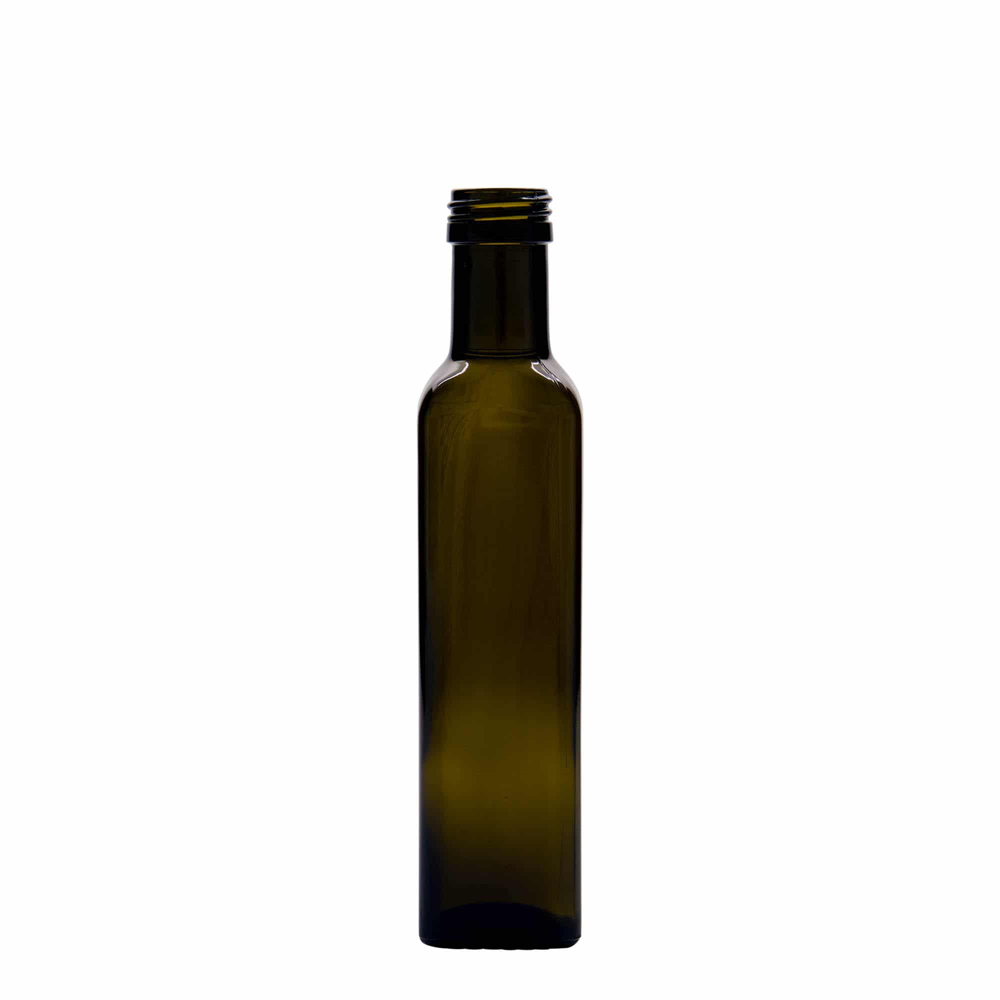 250 ml glazen fles 'Marasca', vierkant, antiekgroen, opening: PP 31,5