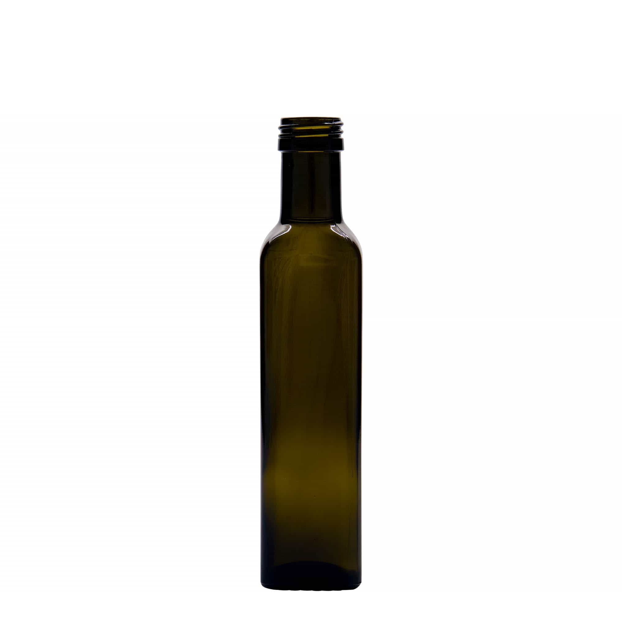 250 ml glazen fles 'Marasca', vierkant, antiekgroen, opening: PP 31,5 250 ml glazen fles 'Marasca', vierkant, antiekgroen, opening: PP 31,5