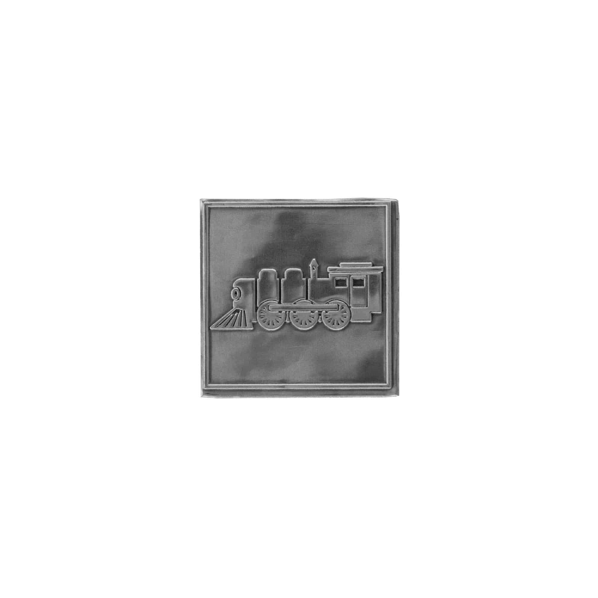 Tinlabel 'Locomotief', vierkant, metaal, zilver Tinlabel 'Locomotief', vierkant, metaal, zilver