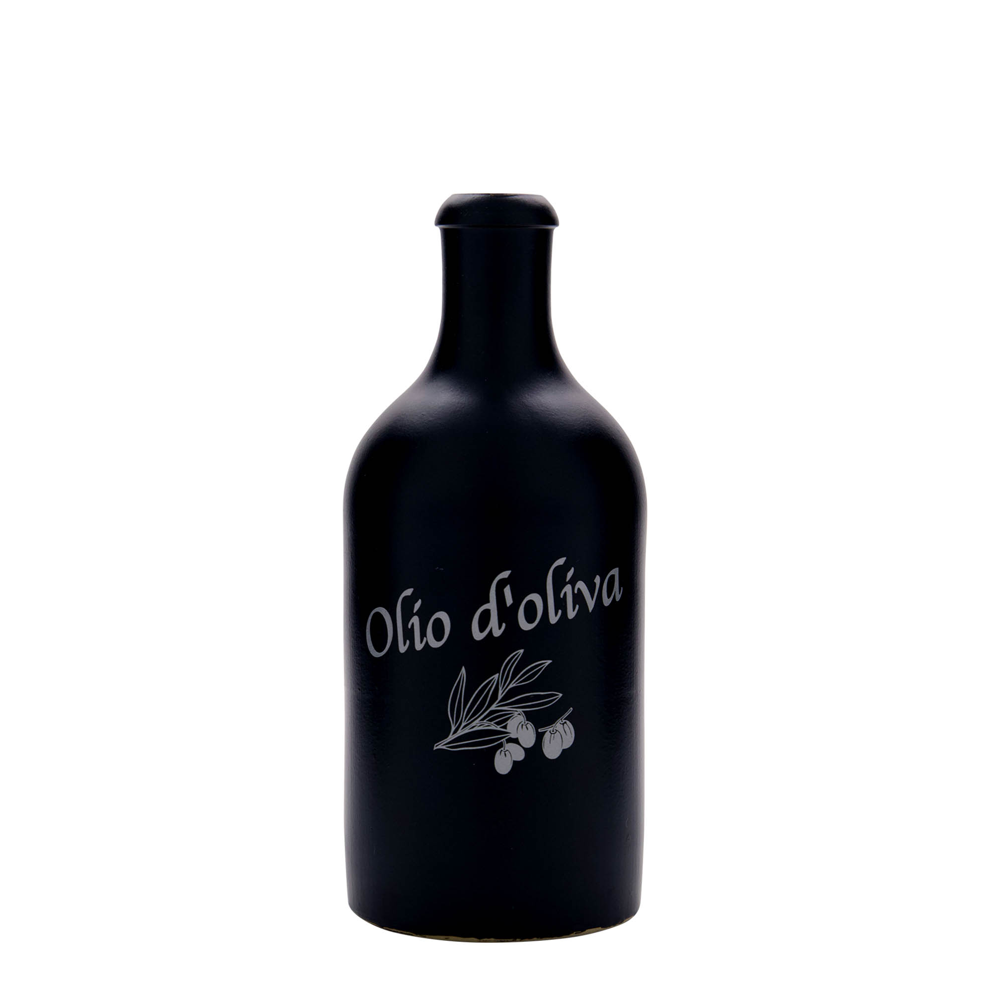 500 ml Tonkruik, motief: Olio d'Oliva, steengoed, zwart, monding: kurk 500 ml Tonkruik, motief: Olio d'Oliva, steengoed, zwart, monding: kurk