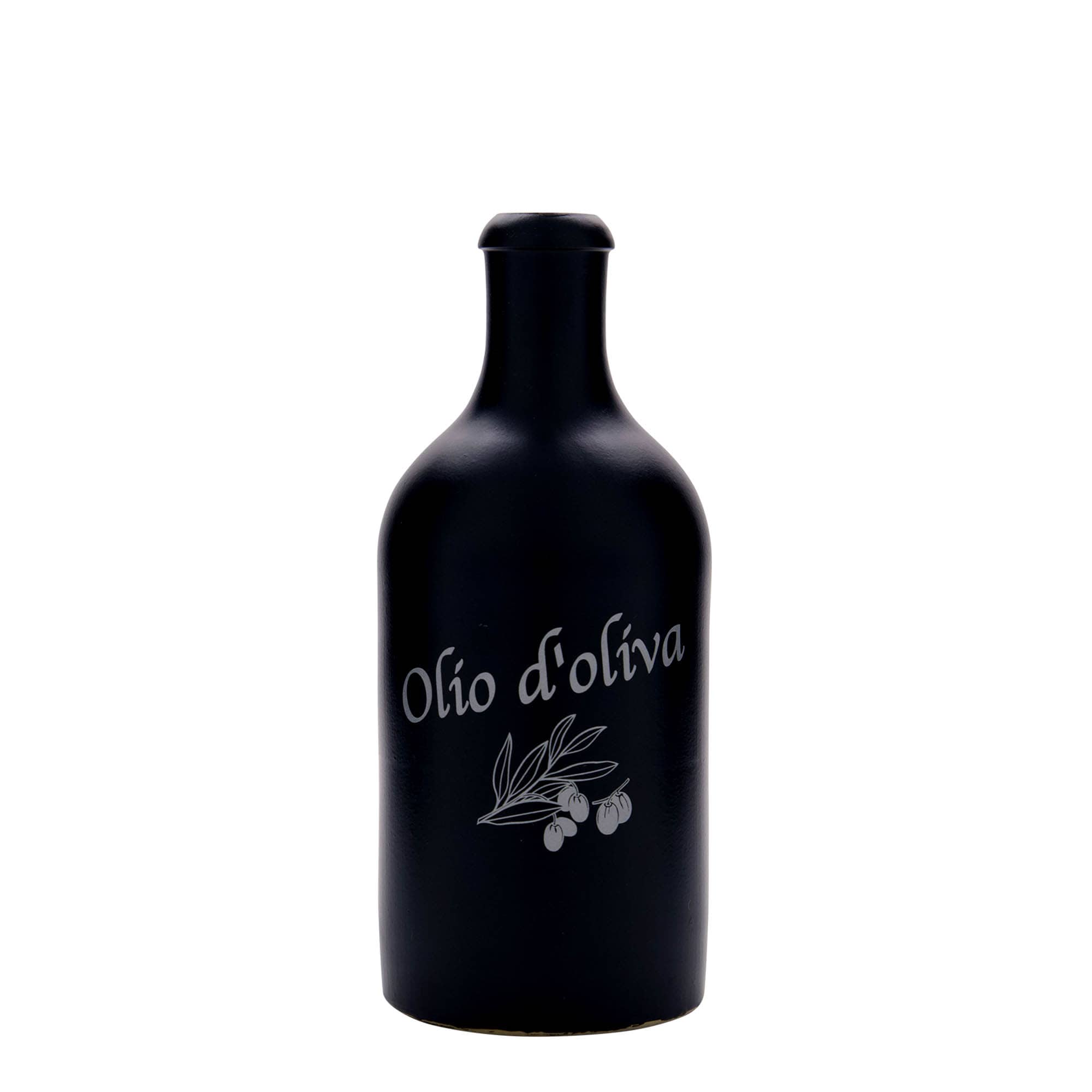500 ml Tonkruik, motief: Olio d'Oliva, steengoed, zwart, monding: kurk
