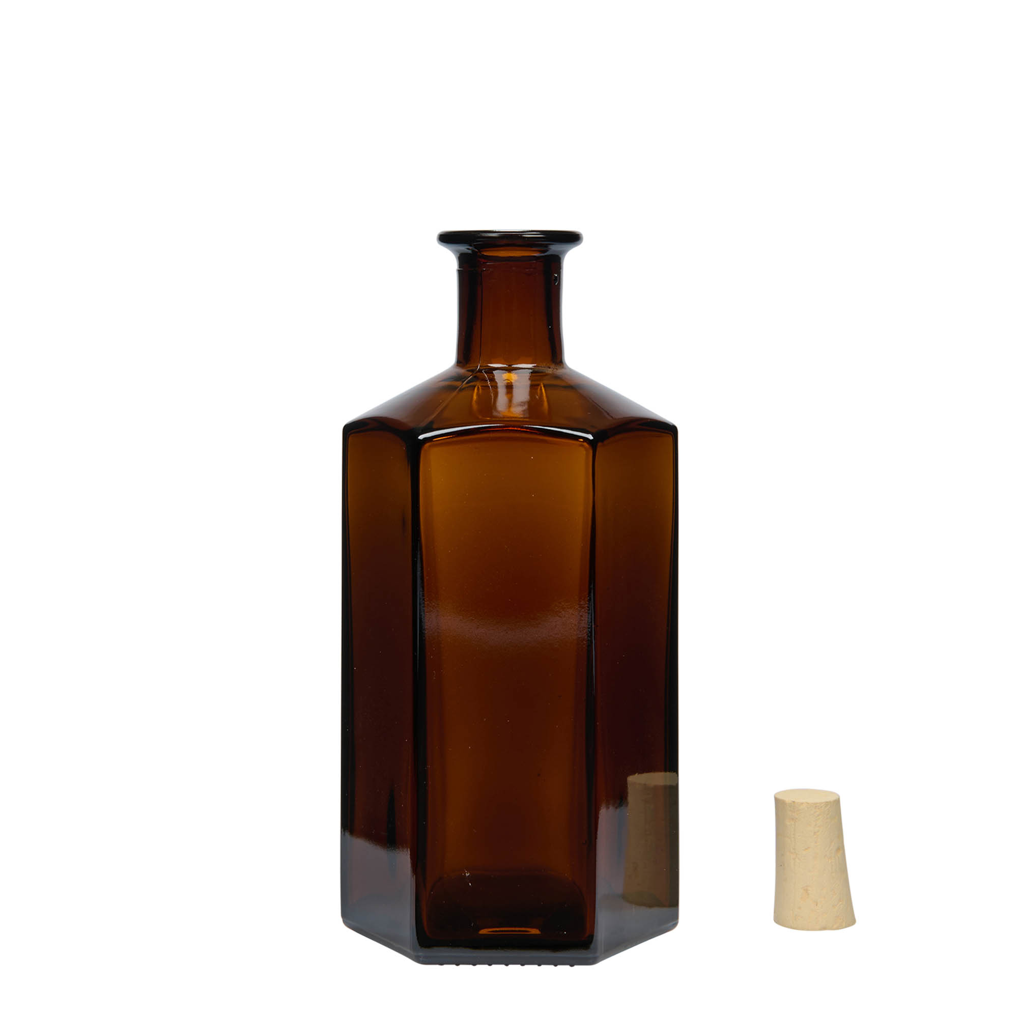 Glazen fles Apotheker 'Jimmy'. 500 ml. zeshoekig. bruin. monding: kurk