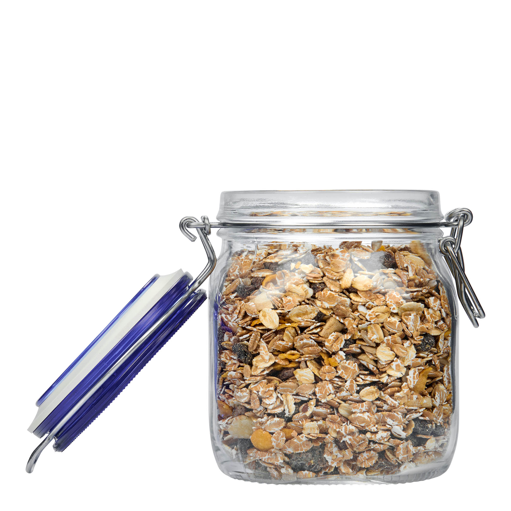 750 ml Drahtbügelglas 'Fido' blauwe dop, vierkant, opening: draaisluiting met beugel