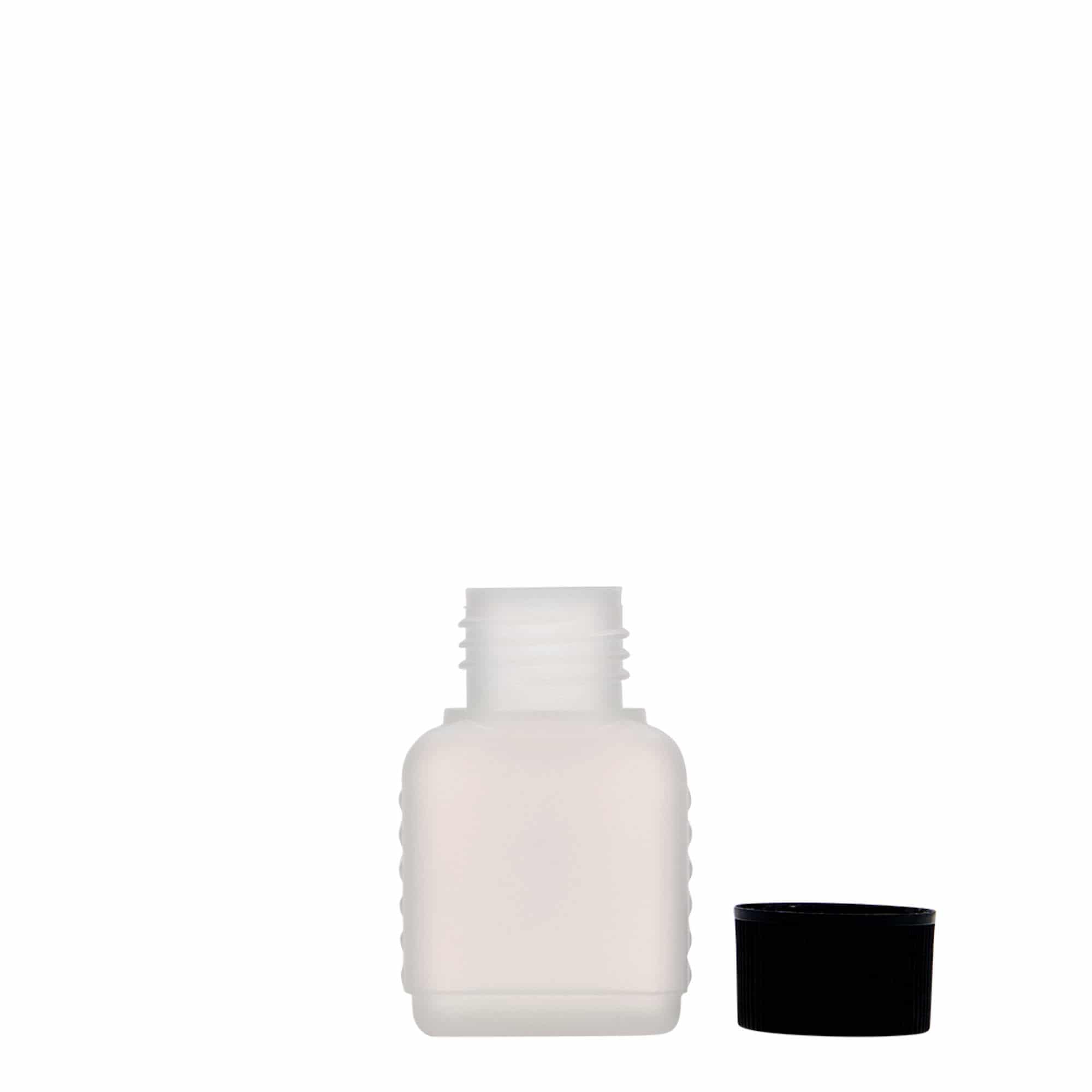 50 ml kanisterfles, rechthoekig, HDPE-kunststof, natuurlijk, opening: DIN 25