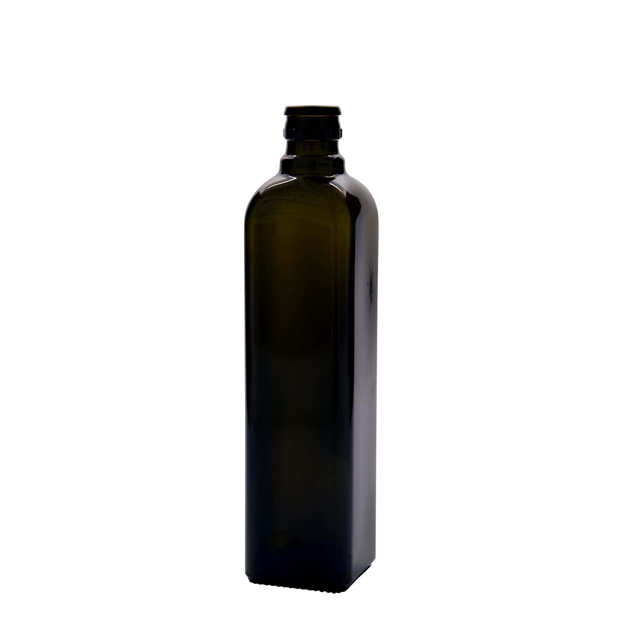 500 ml azijn-/olieflacon 'Quadra', glas, vierkant, antiekgroen, mondstuk: DOP