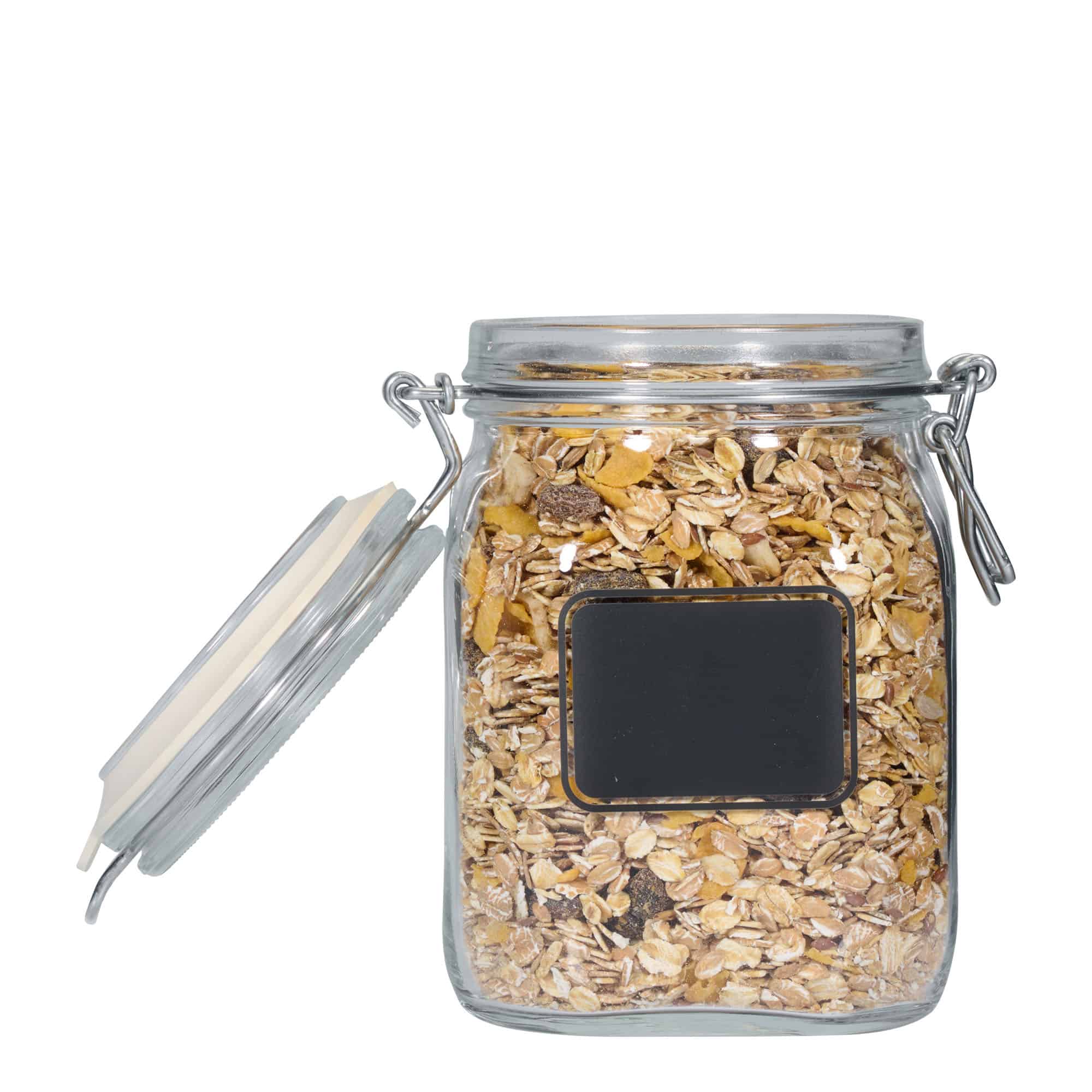Pot met beugelsluiting 'Fido', 1000 ml, motief: etiketveld, vierkant, monding: beugelsluiting