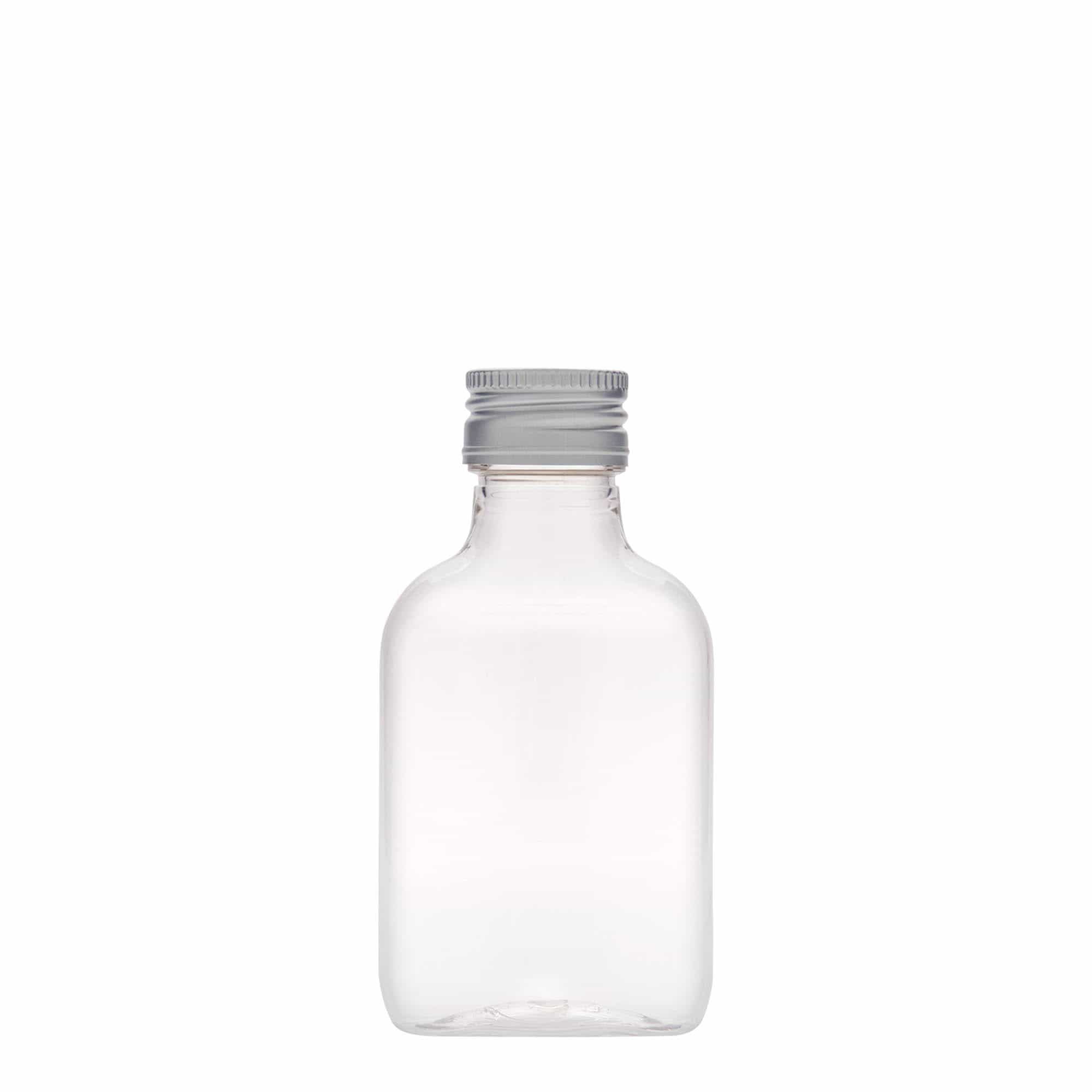 100 ml zakfles, ovaal, PET-kunststof, mondstuk: PP 28