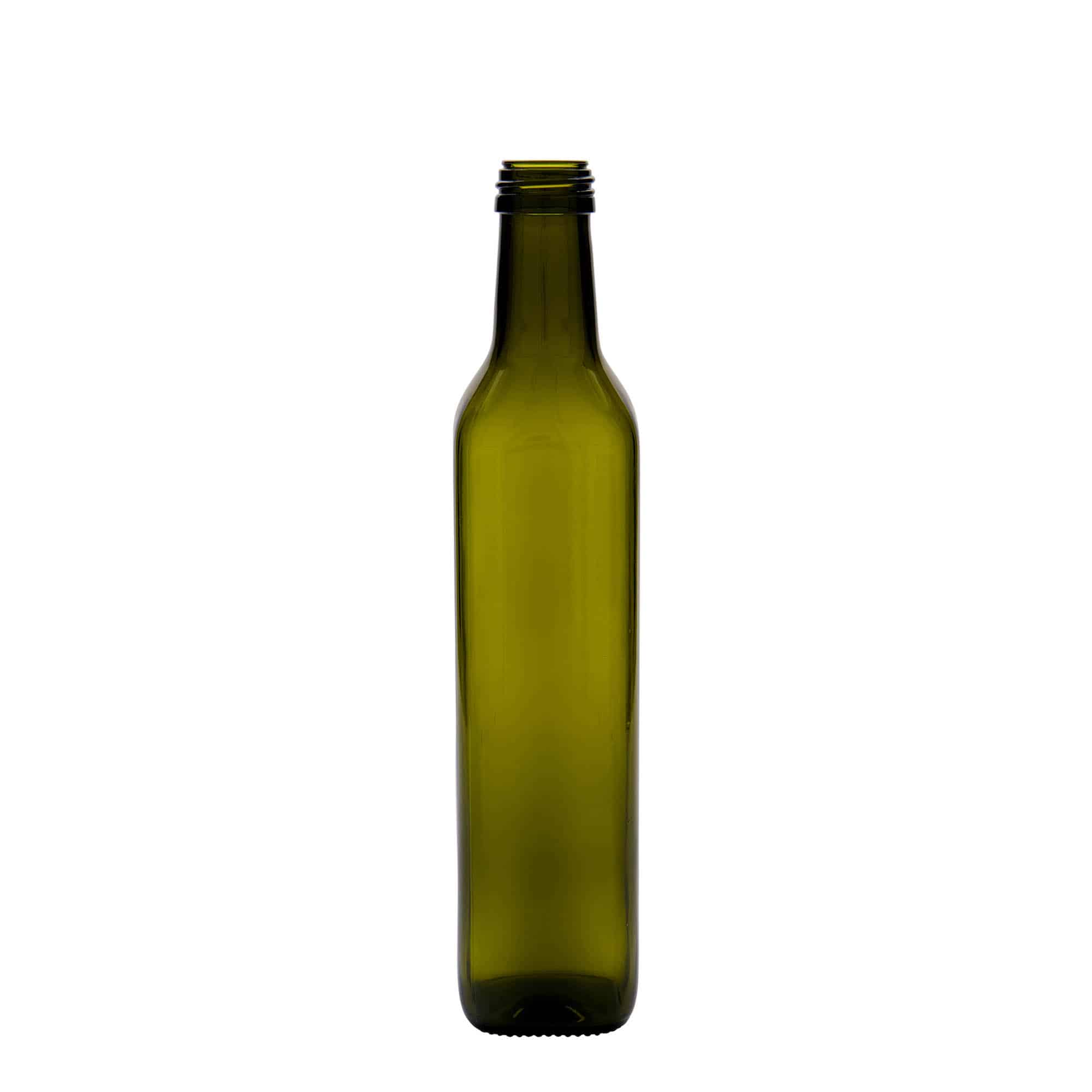 Glazen fles 'Marasca', 500 ml, vierkant, antiekgroen, monding: PP 31,5 Glazen fles 'Marasca', 500 ml, vierkant, antiekgroen, monding: PP 31,5