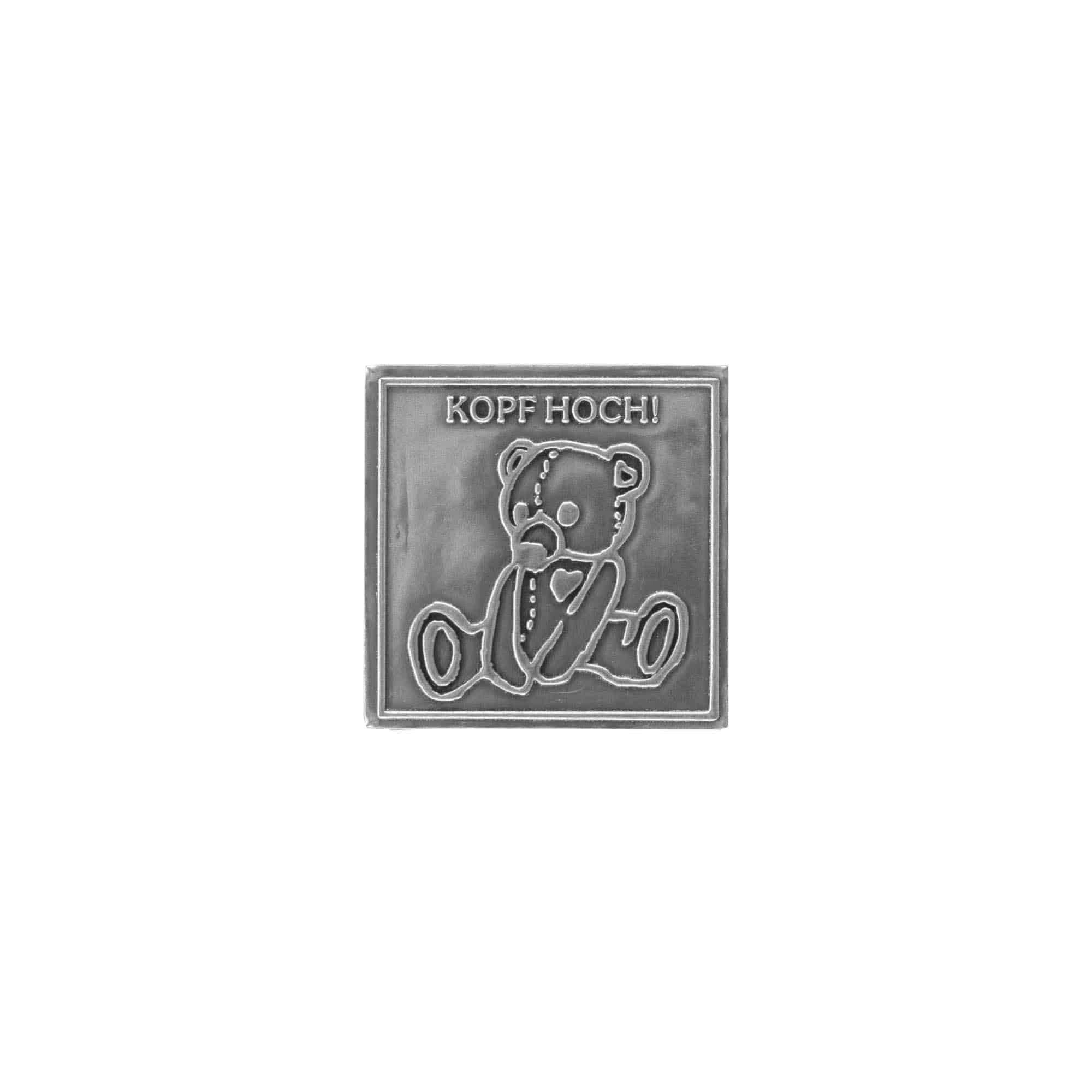 Tinlabel 'Kopf Hoch', vierkant, metaal, zilver