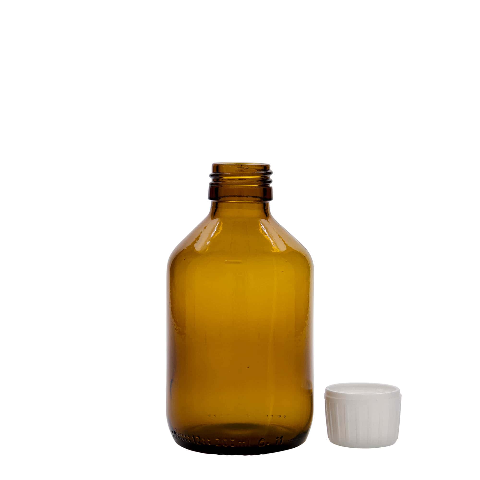 200 ml medicijnfles, bruin, glas, opening: PP 28