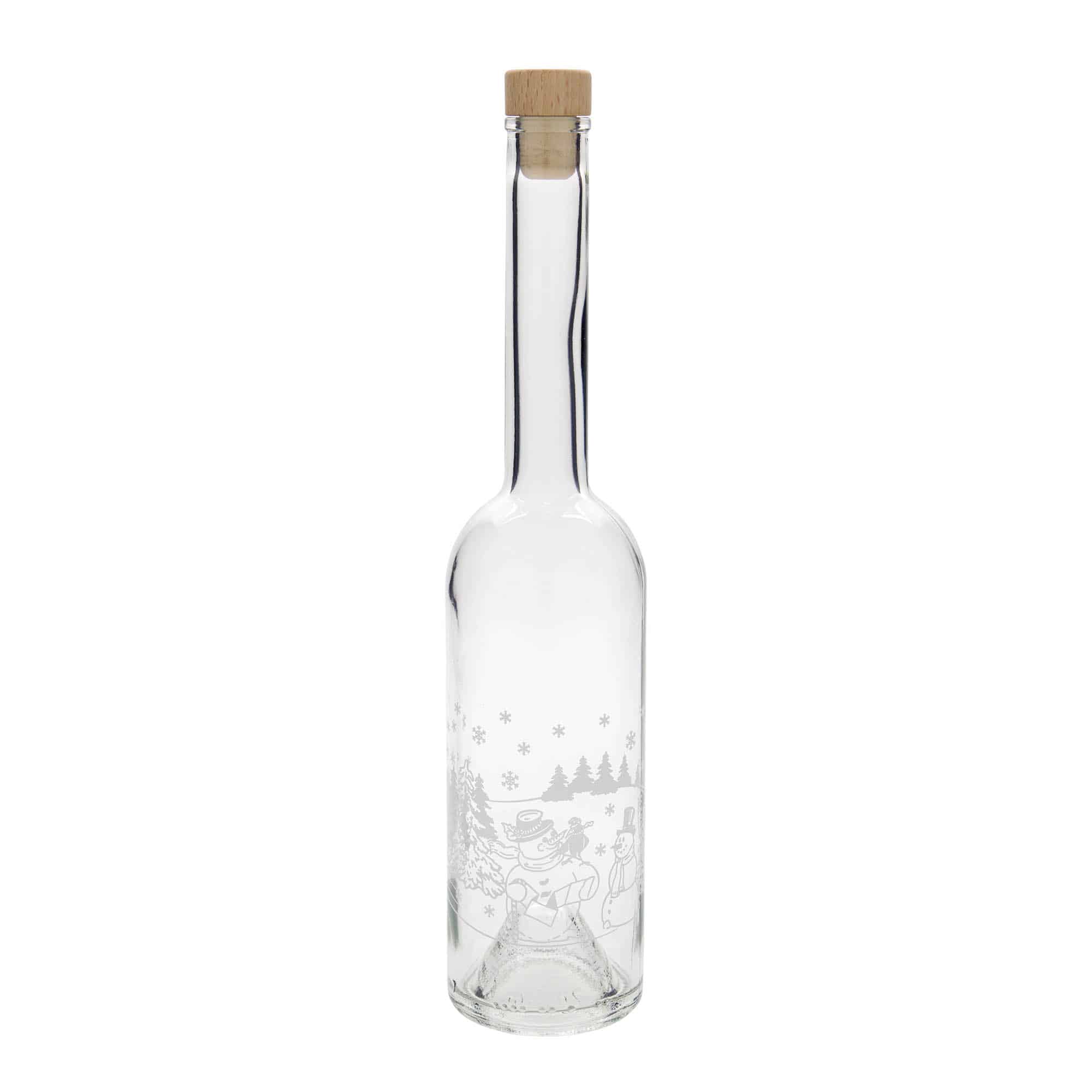 500 ml glazen fles 'Opera', motief: sneeuwpopfles, opening: kurk