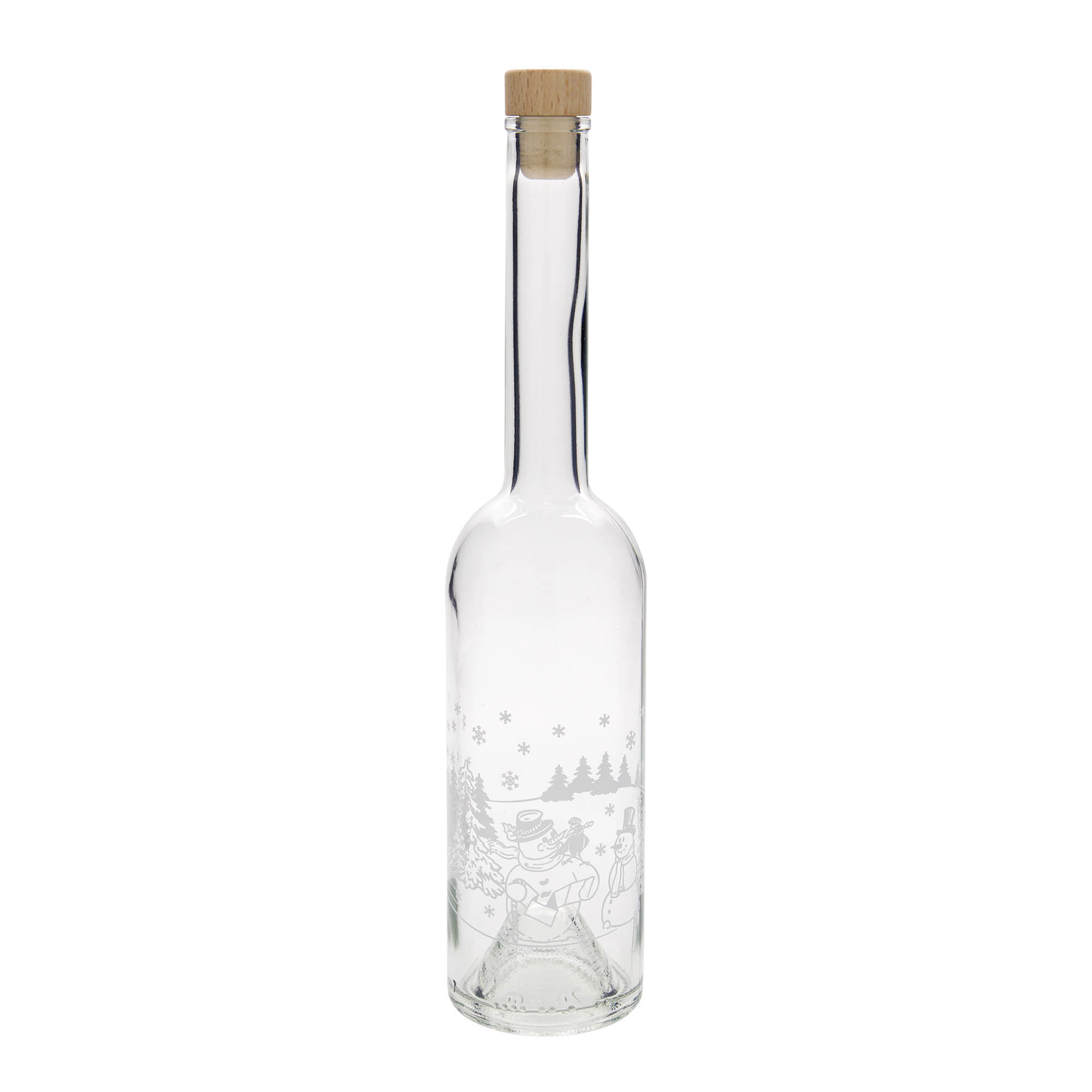 500 ml glazen fles 'Opera', motief: sneeuwpopfles, opening: kurk 500 ml glazen fles 'Opera', motief: sneeuwpopfles, opening: kurk