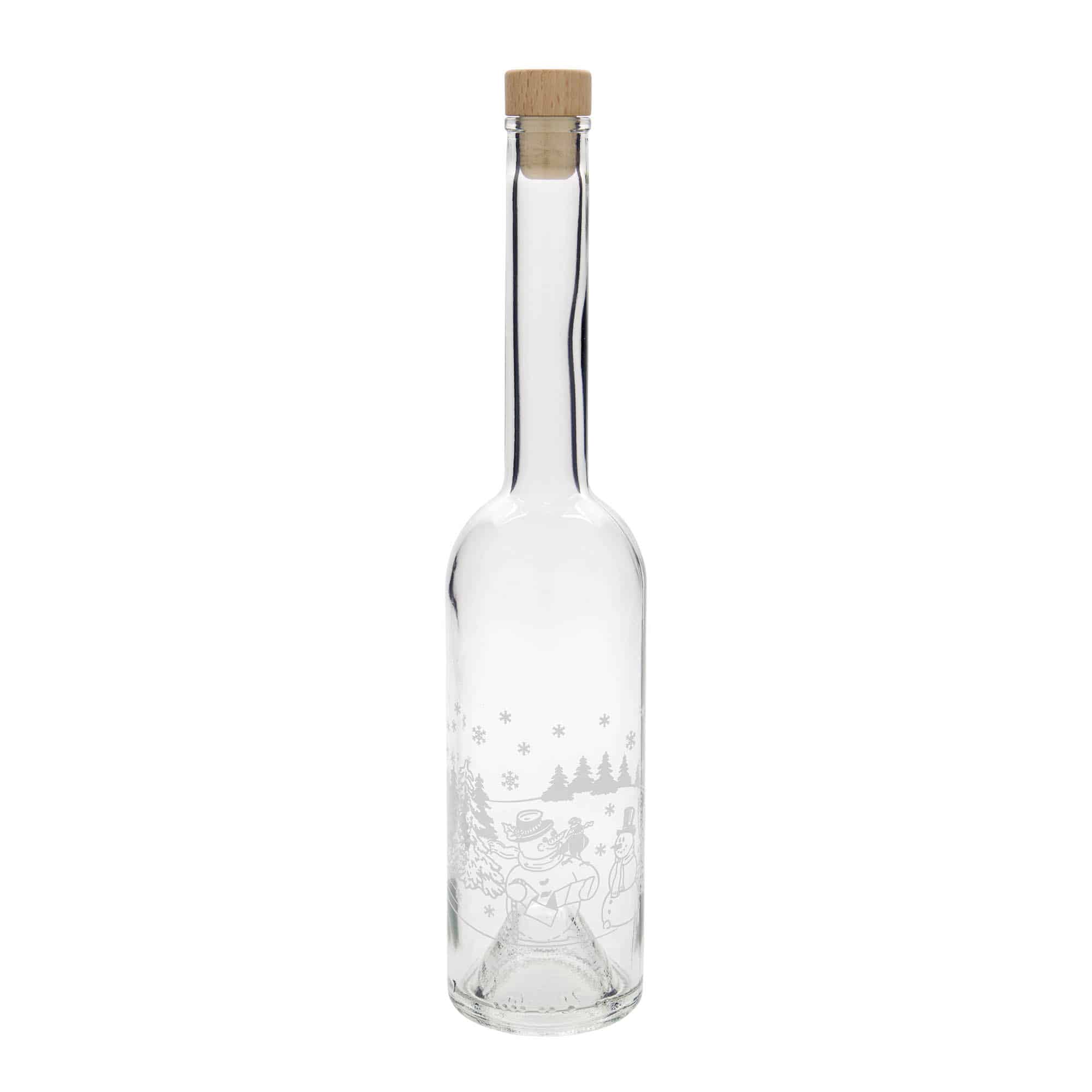 500 ml glazen fles 'Opera', motief: sneeuwpopfles, opening: kurk