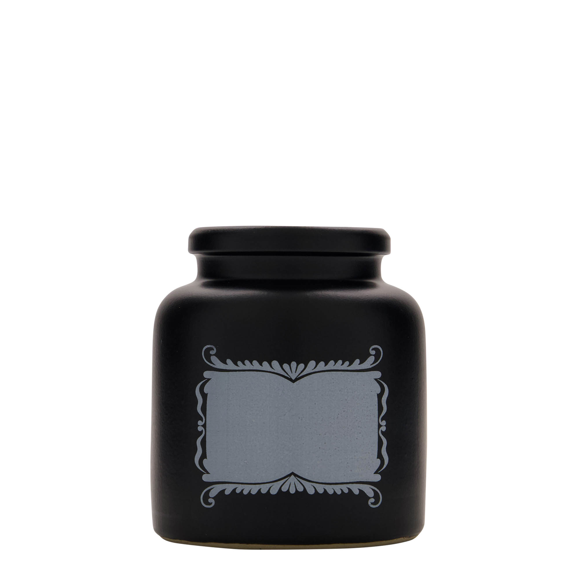 270 ml steengoedpot, motief: etikettenveld, keramiek, zwart, opening: opzetdeksel 270 ml steengoedpot, motief: etikettenveld, keramiek, zwart, opening: opzetdeksel