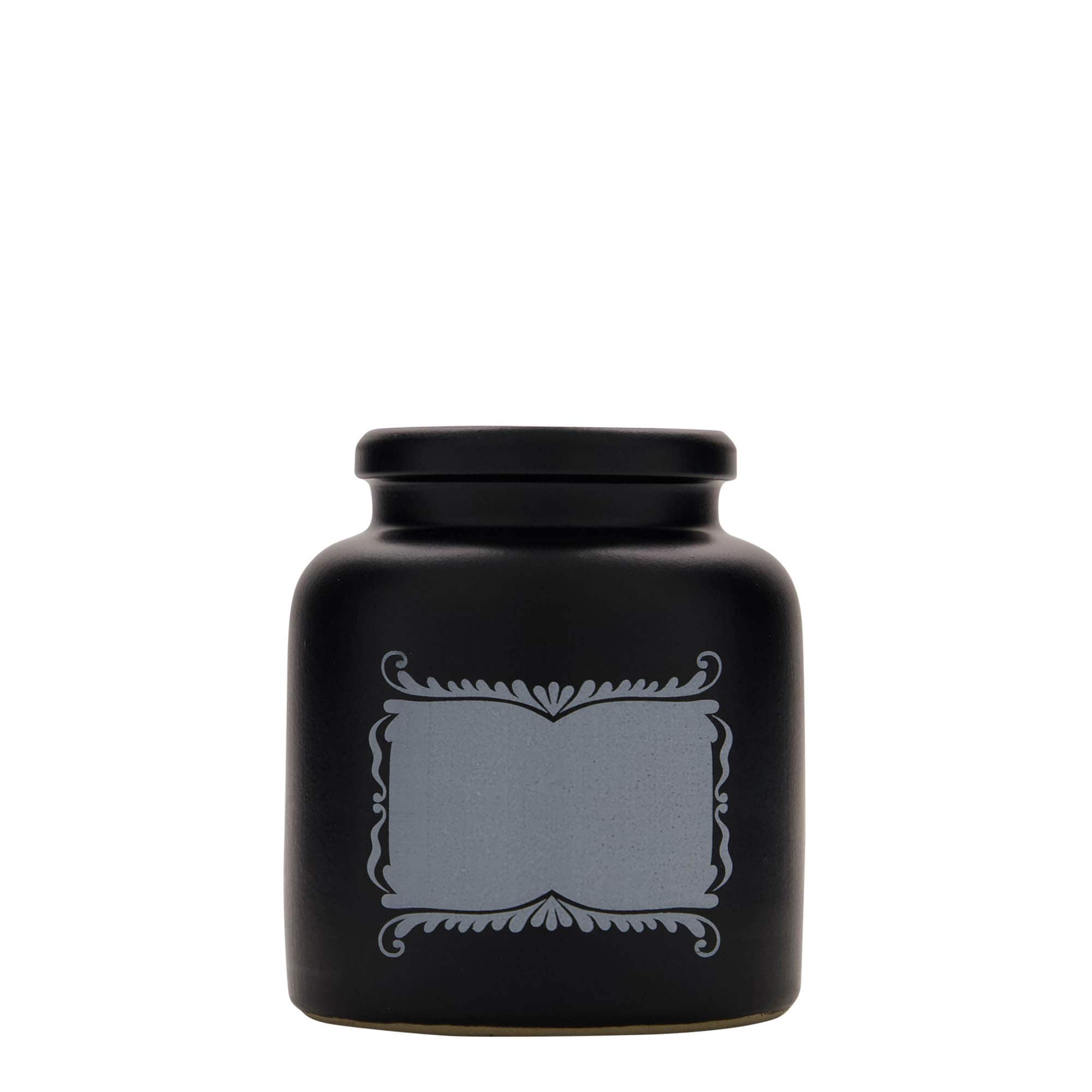 270 ml steengoedpot, motief: etikettenveld, keramiek, zwart, opening: opzetdeksel