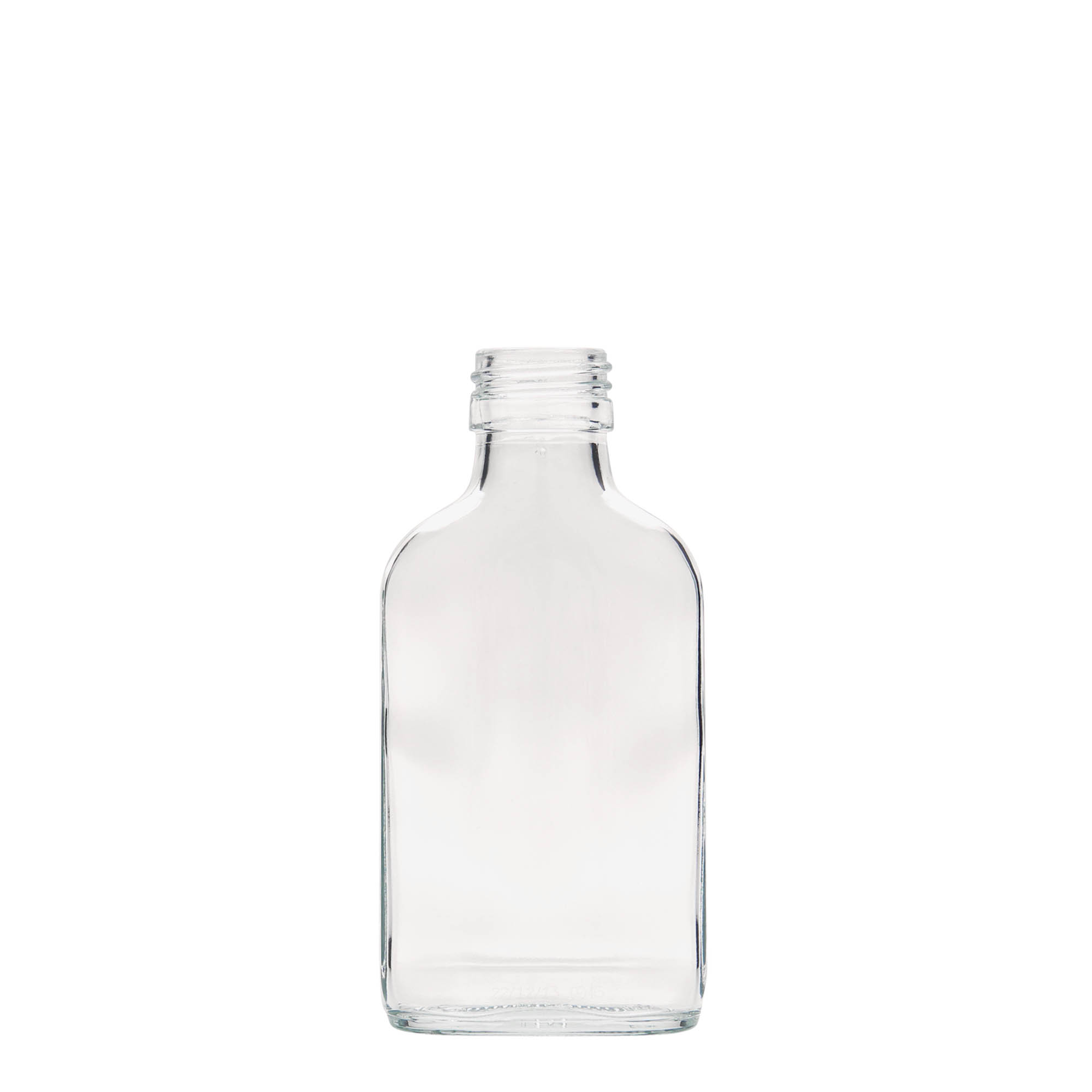 100 ml zakfles, rechthoekig, glas, opening: PP 28 100 ml zakfles, rechthoekig, glas, opening: PP 28