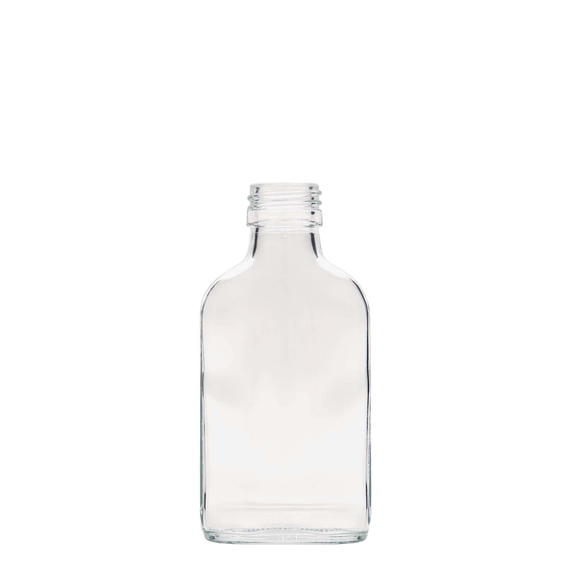 100 ml zakfles, rechthoekig, glas, opening: PP 28