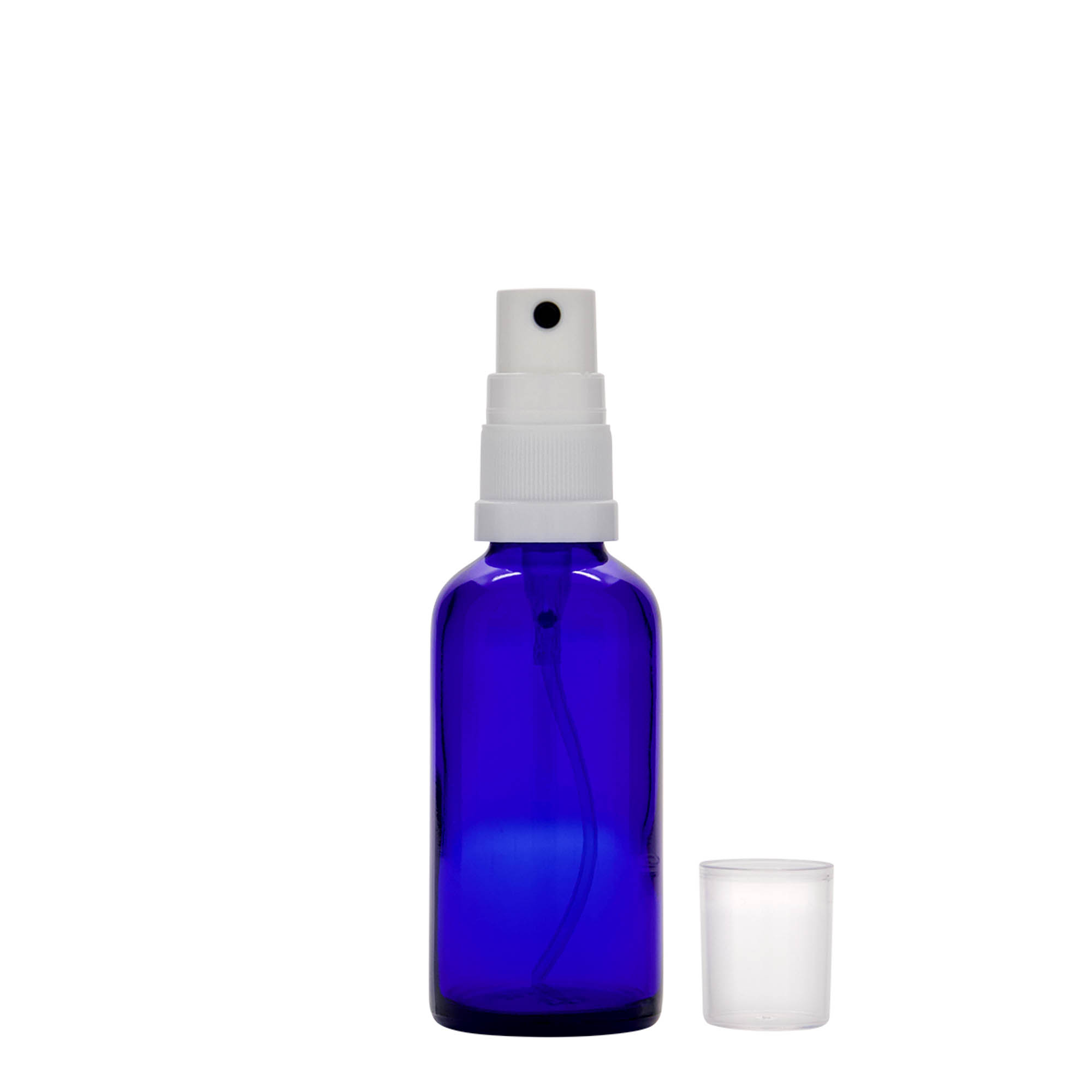 50 ml spuitflesje medicijn, glas, koningsblauw, mondstuk: DIN 18