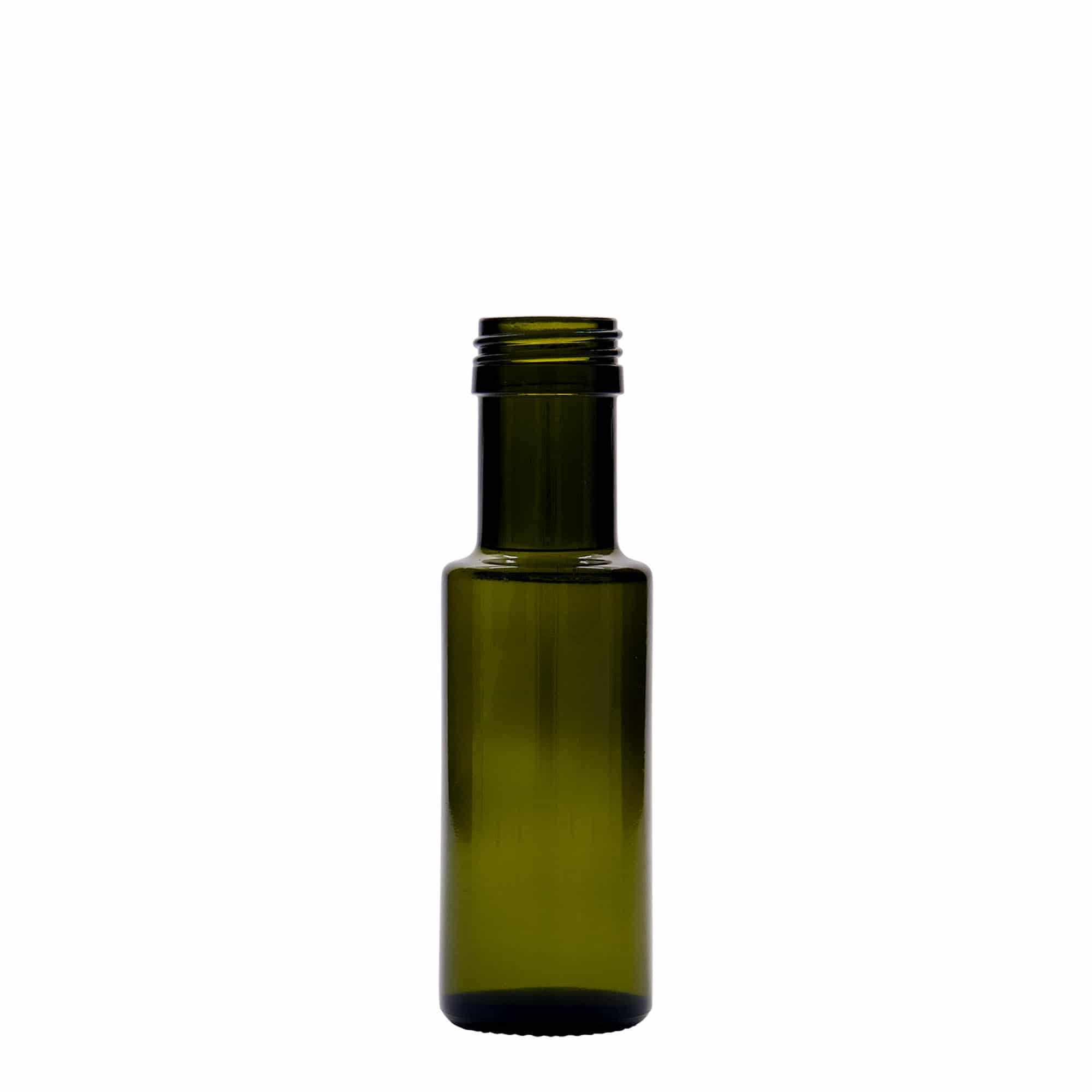 100 ml glazen fles 'Dorica', antiekgroen, opening: PP 31,5 100 ml glazen fles 'Dorica', antiekgroen, opening: PP 31,5