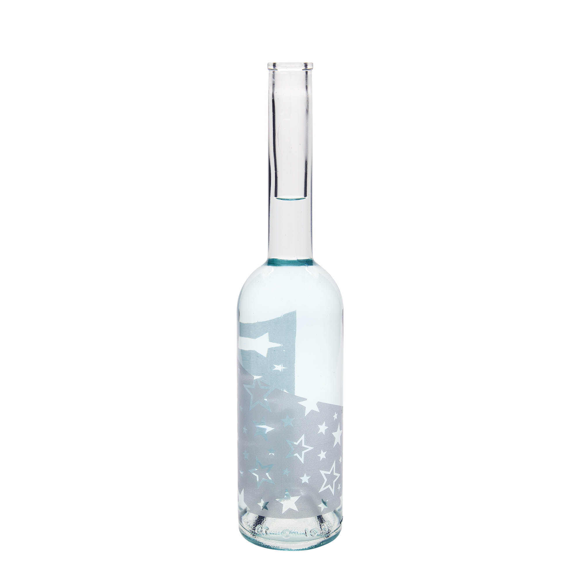 500 ml glazen fles 'Opera', motief: zilveren sterren, opening: kurk