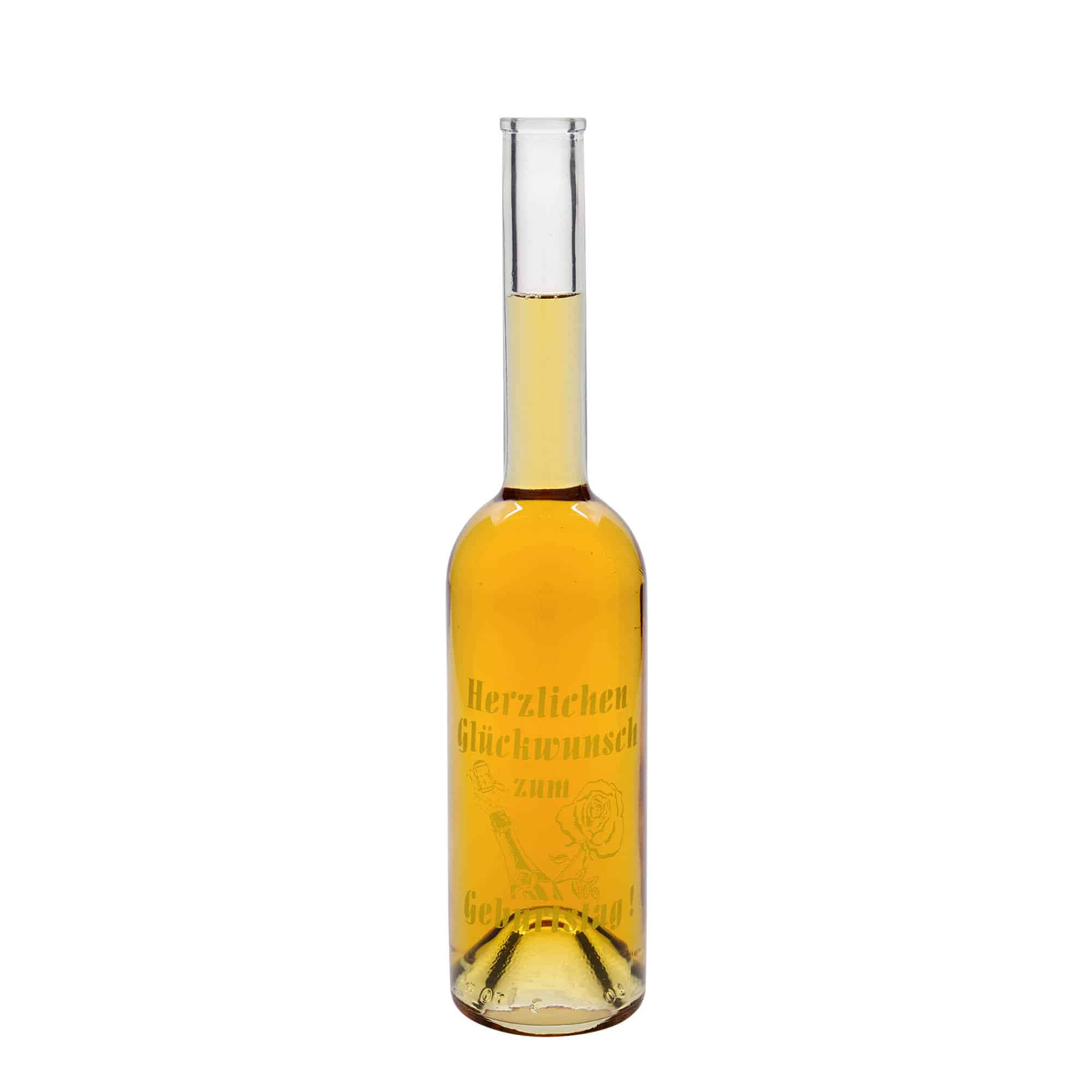 500 ml glazen fles 'Opera', motief: verjaardagsfles, opening: kurk 500 ml glazen fles 'Opera', motief: verjaardagsfles, opening: kurk