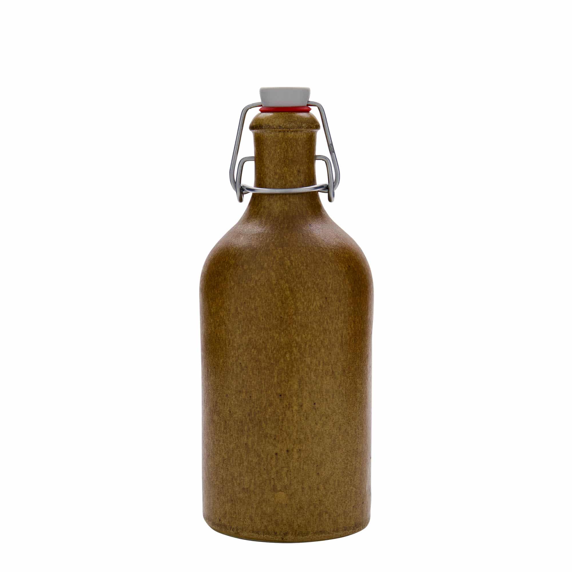 500 ml tonvormige kruik, steengoed, bruin-kristal, monding: beugelsluiting