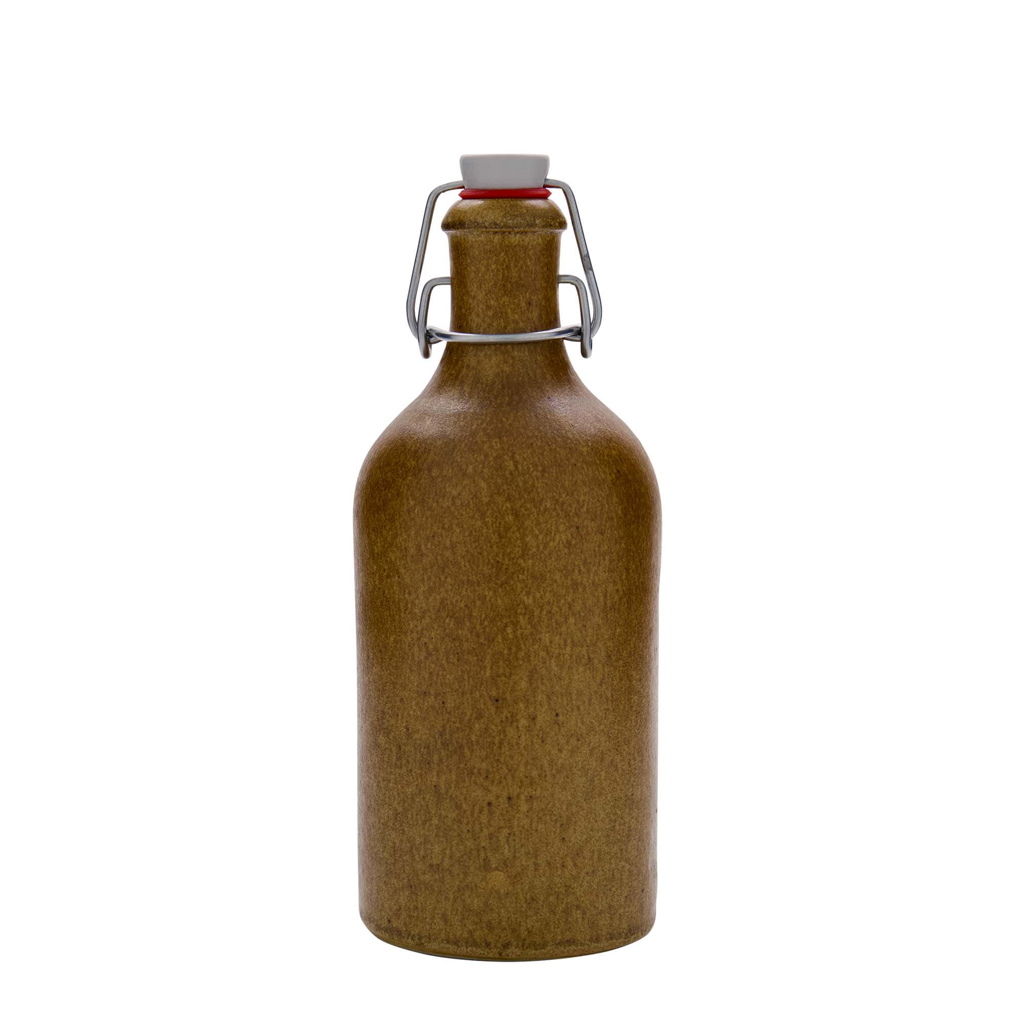500 ml tonvormige kruik, steengoed, bruin-kristal, monding: beugelsluiting