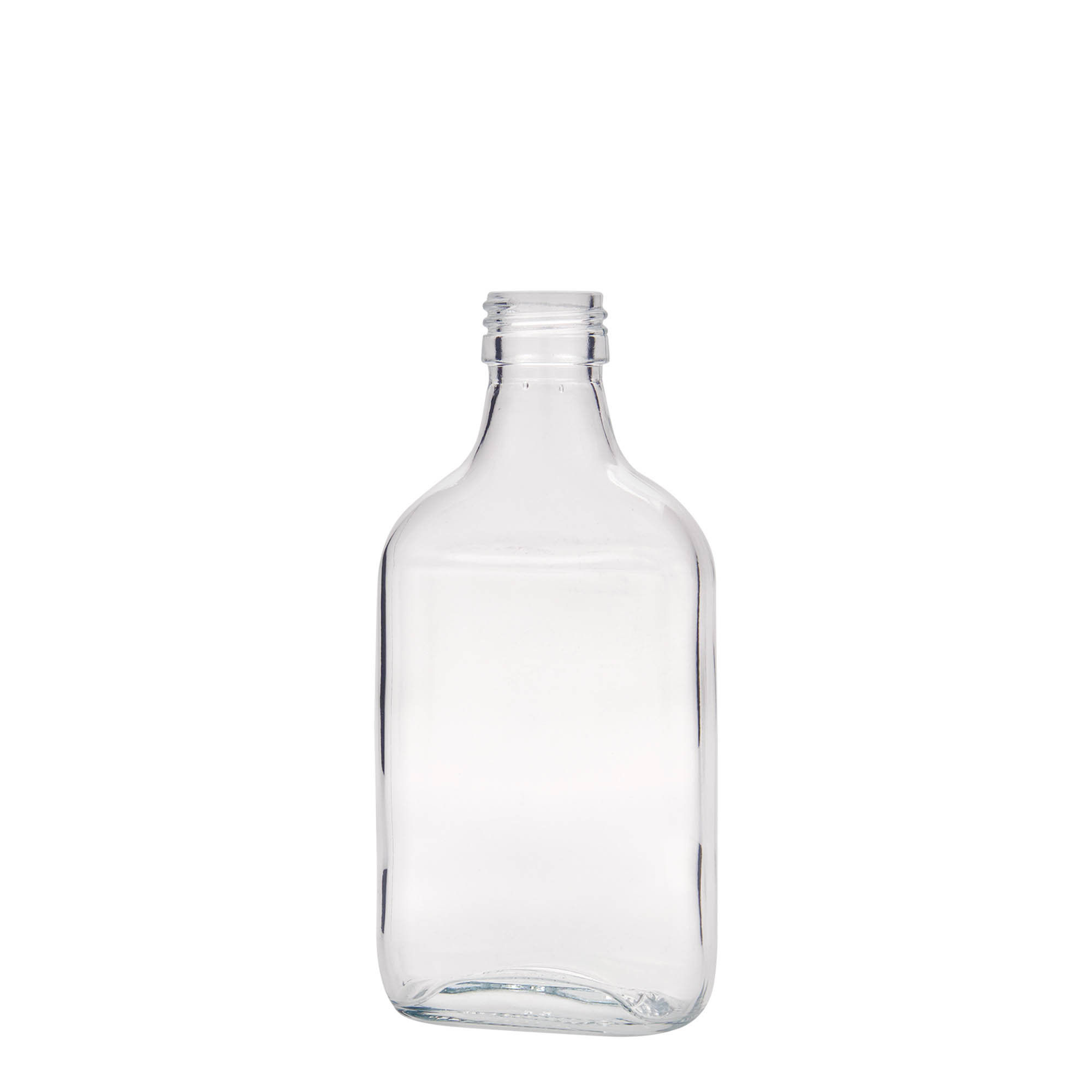 200 ml zakfles, rechthoekig, glas, opening: PP 28