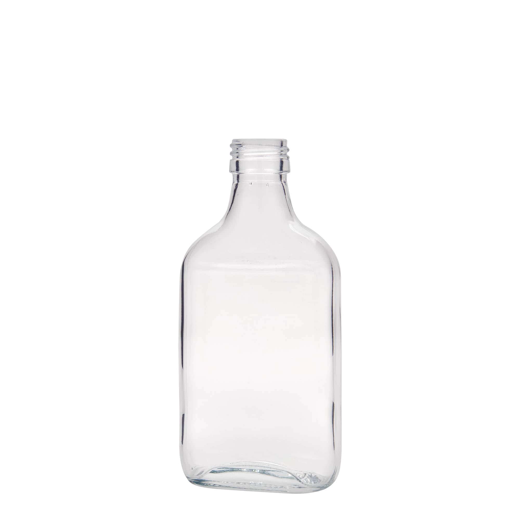 200 ml zakfles, rechthoekig, glas, opening: PP 28