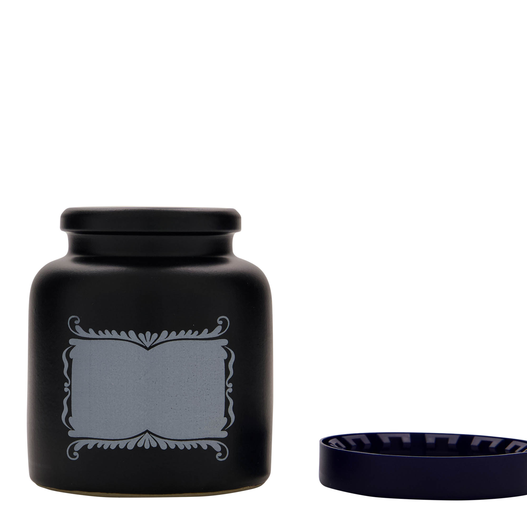 270 ml steengoedpot, motief: etikettenveld, keramiek, zwart, opening: opzetdeksel 270 ml steengoedpot, motief: etikettenveld, keramiek, zwart, opening: opzetdeksel