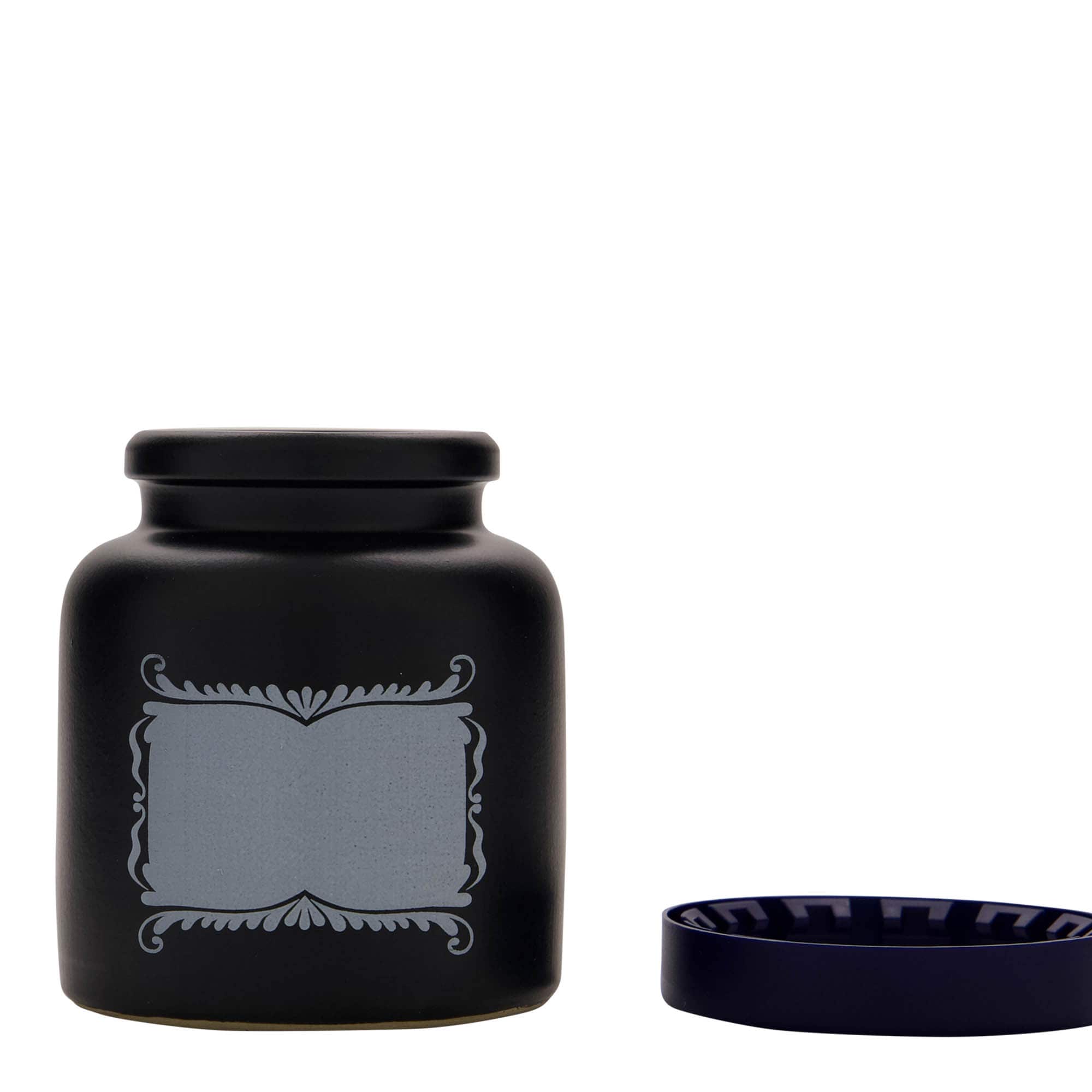 270 ml steengoedpot, motief: etikettenveld, keramiek, zwart, opening: opzetdeksel