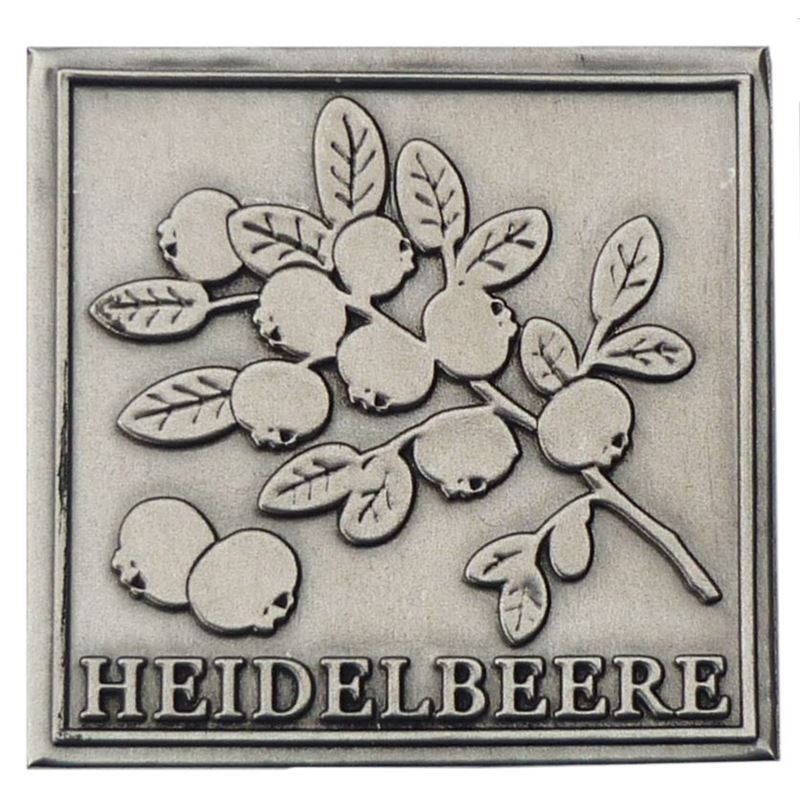 Tinnen etiket 'Blauwe bosbes', vierkant, metaal, zilver Tinnen etiket 'Blauwe bosbes', vierkant, metaal, zilver