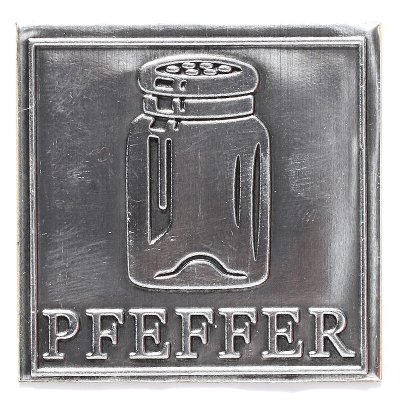 Tinnen etiket 'Peper', vierkant, metaal, zilver