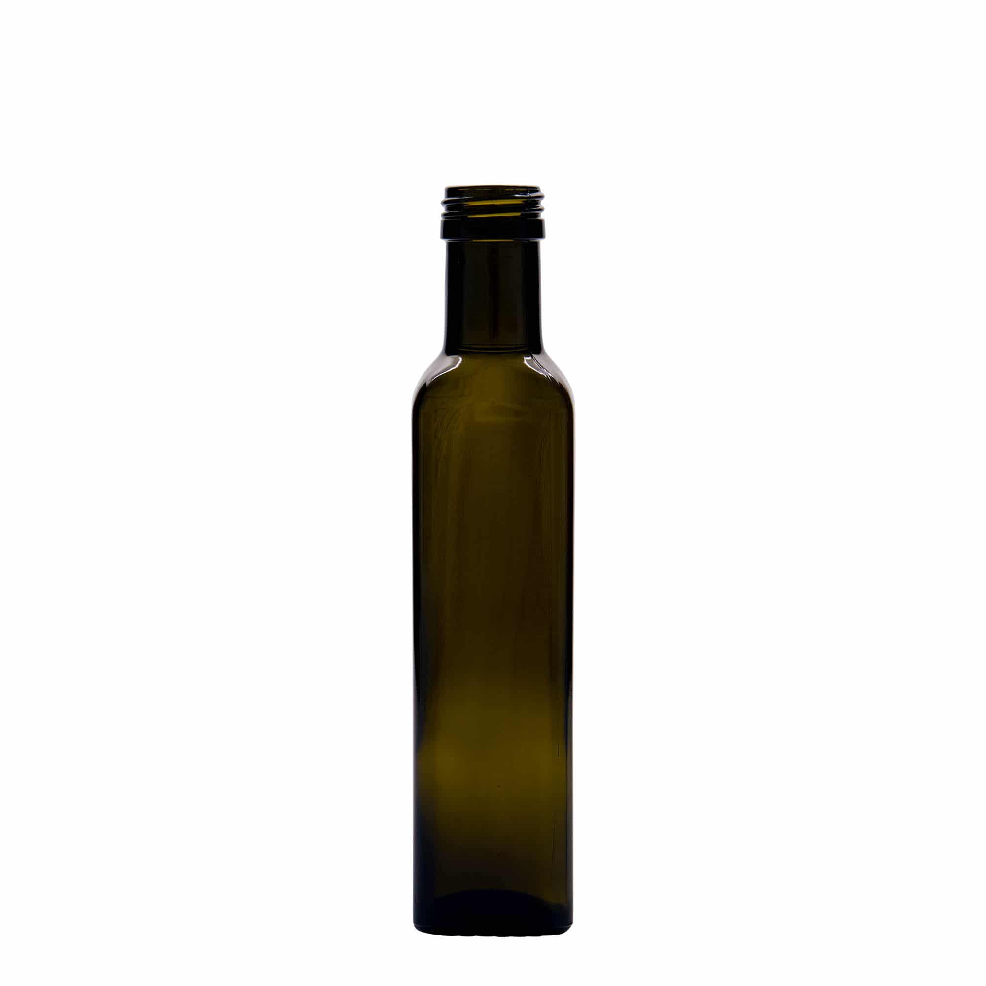 Glazen fles 'Marasca', 250 ml, vierkant, antiekgroen, monding: PP 31,5