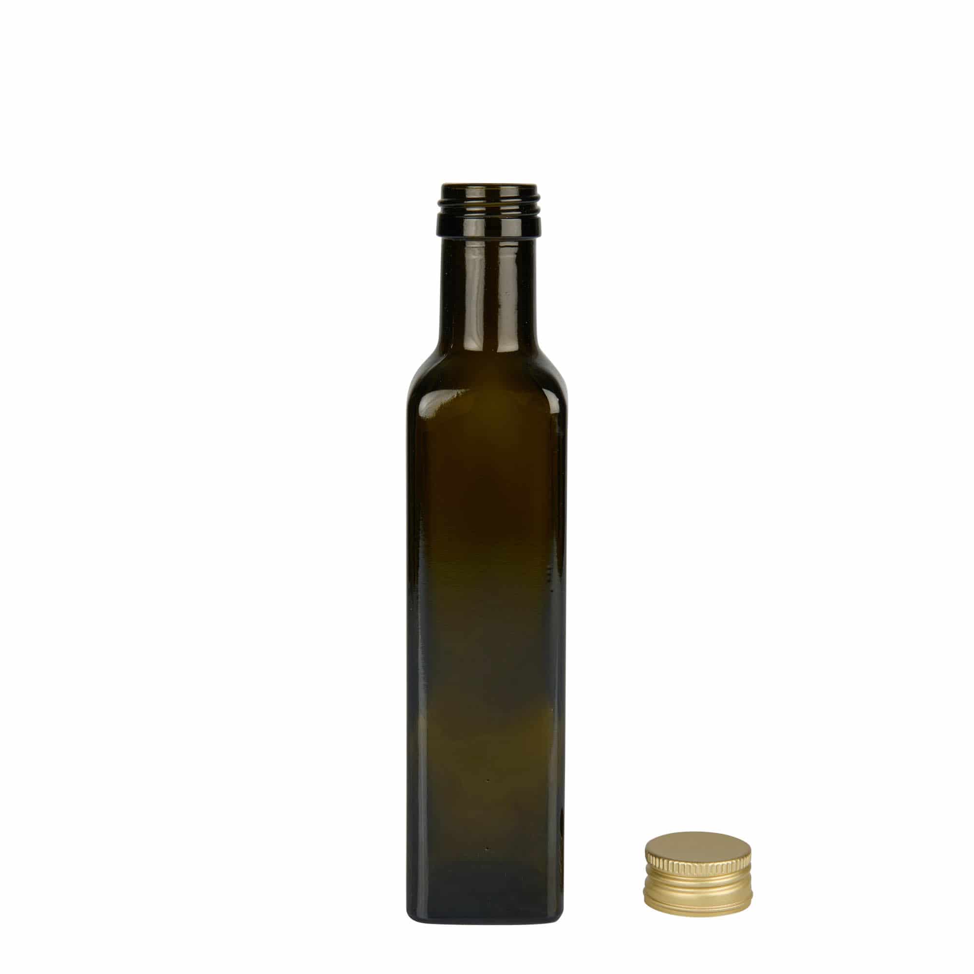 Glazen fles 'Marasca', 250 ml, vierkant, antiekgroen, monding: PP 31,5