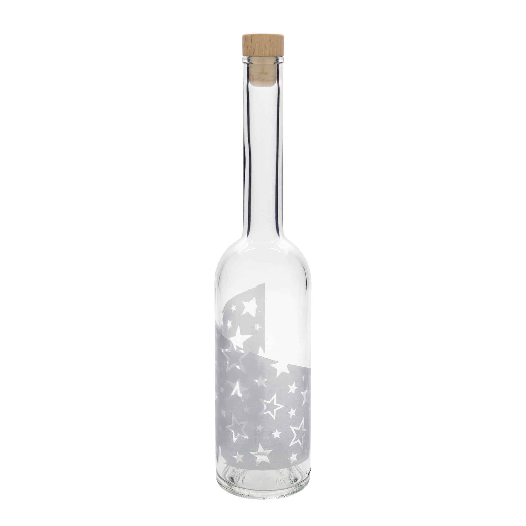 500 ml glazen fles 'Opera', motief: zilveren sterren, opening: kurk