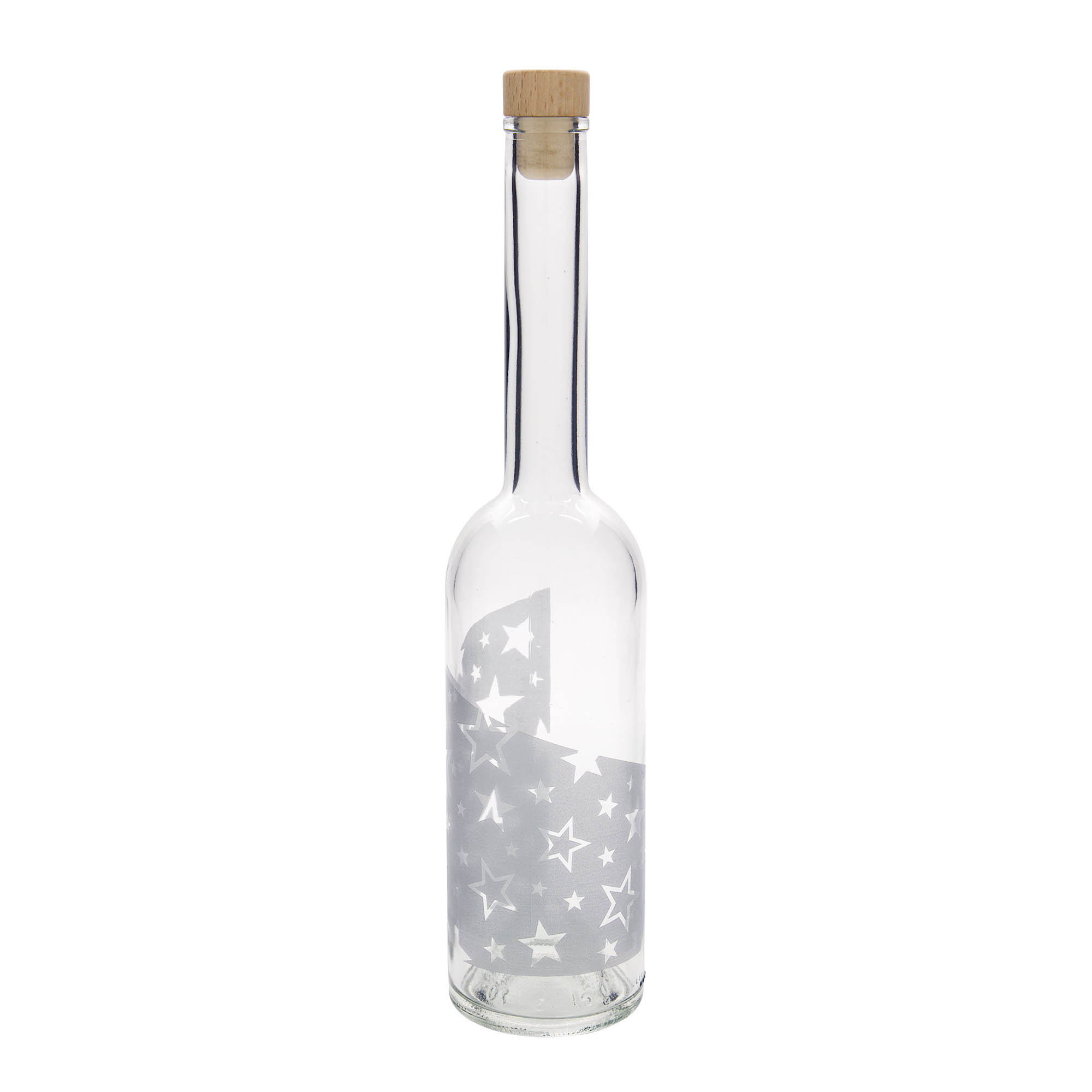 500 ml glazen fles 'Opera', motief: zilveren sterren, opening: kurk