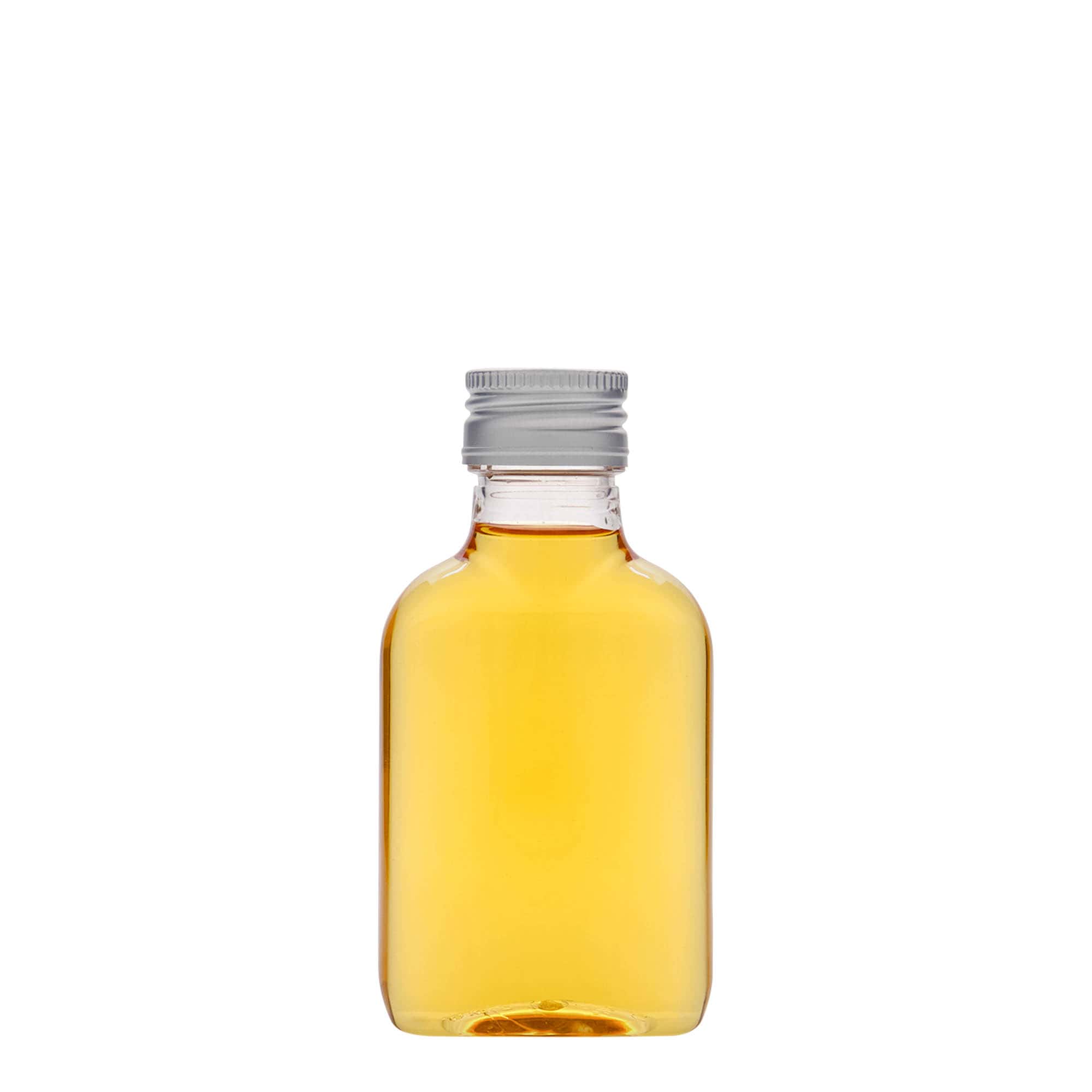 100 ml zakfles, ovaal, PET-kunststof, mondstuk: PP 28