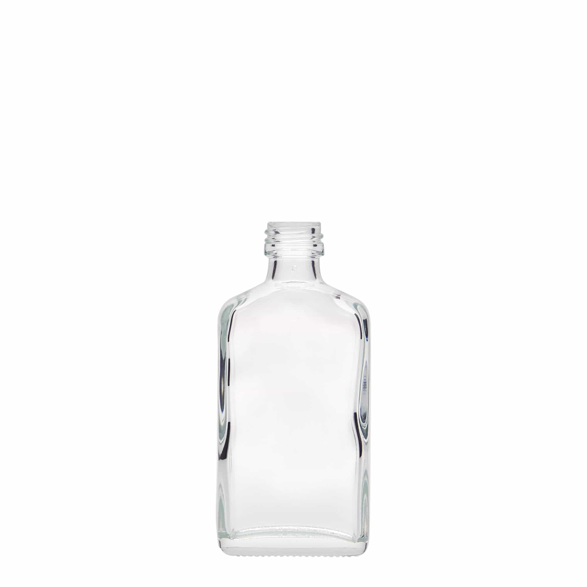 50 ml zakfles, rechthoekig, glas, mondstuk: PP 18