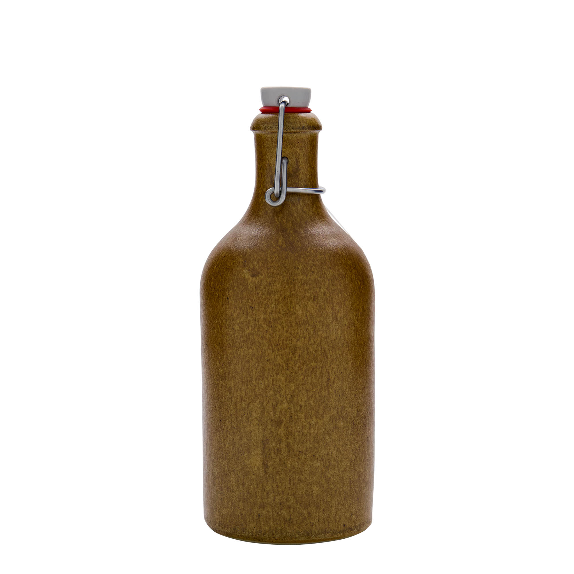 500 ml tonvormige kruik, steengoed, bruin-kristal, monding: beugelsluiting