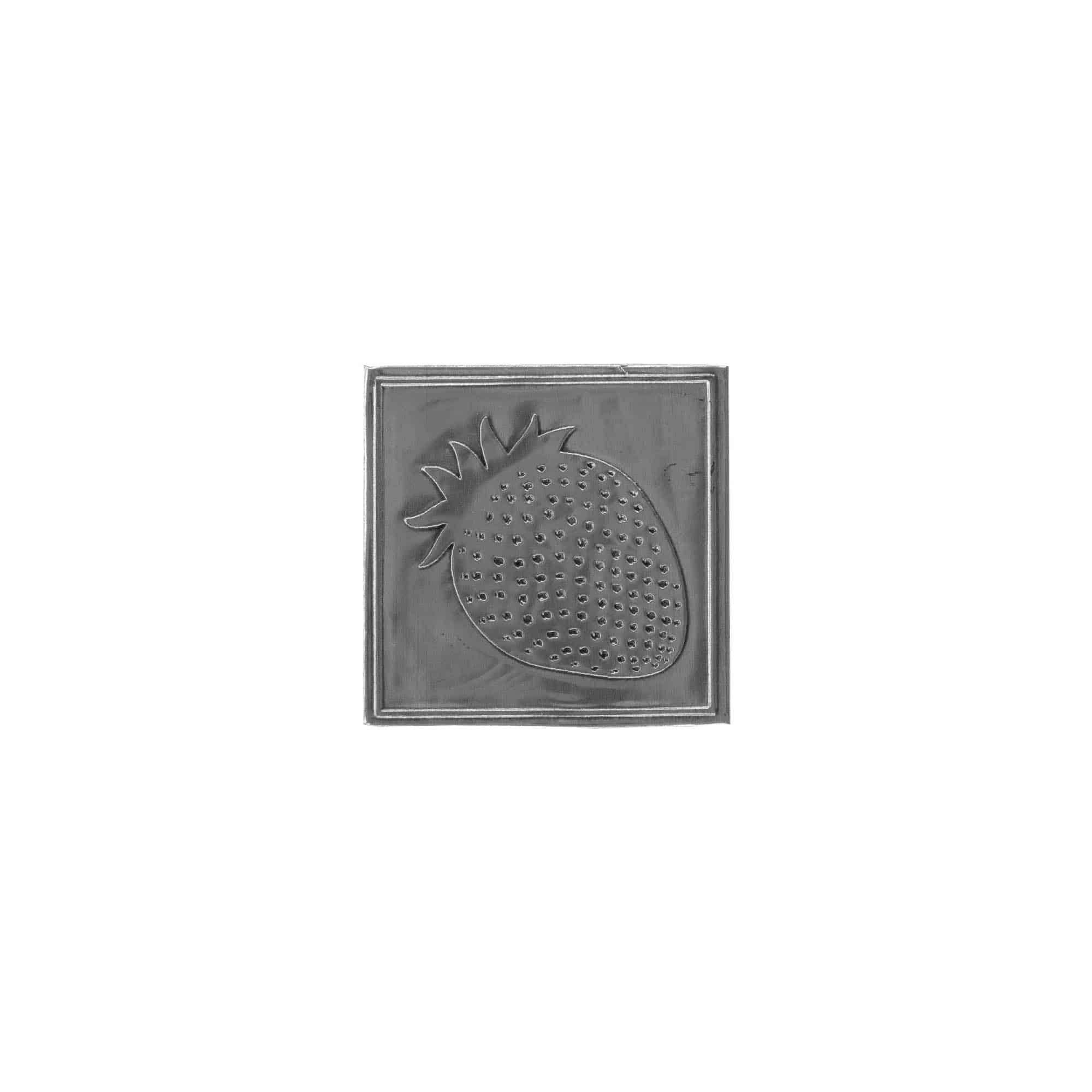 Tinnen etiket 'Aardbei', vierkant, metaal, zilver Tinnen etiket 'Aardbei', vierkant, metaal, zilver