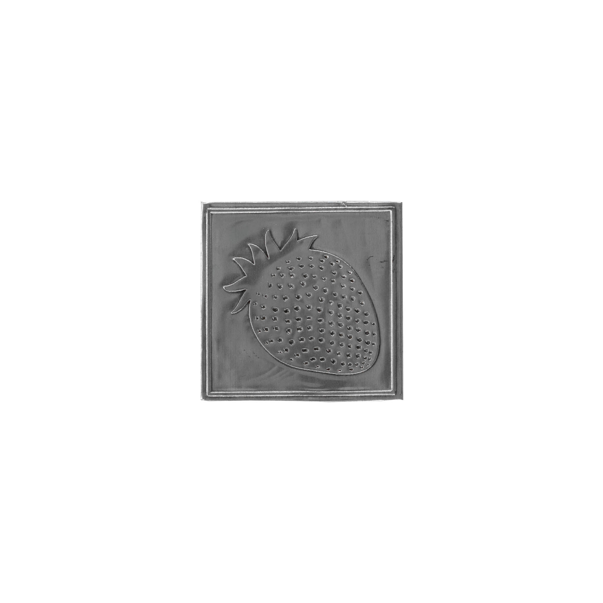 Tinlabel 'Aardbei', vierkant, metaal, zilver