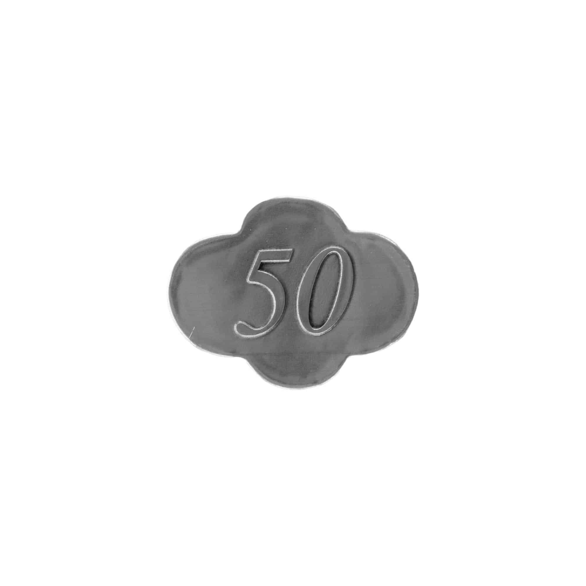 Tinnen etiket '50', metaal, zilver Tinnen etiket '50', metaal, zilver