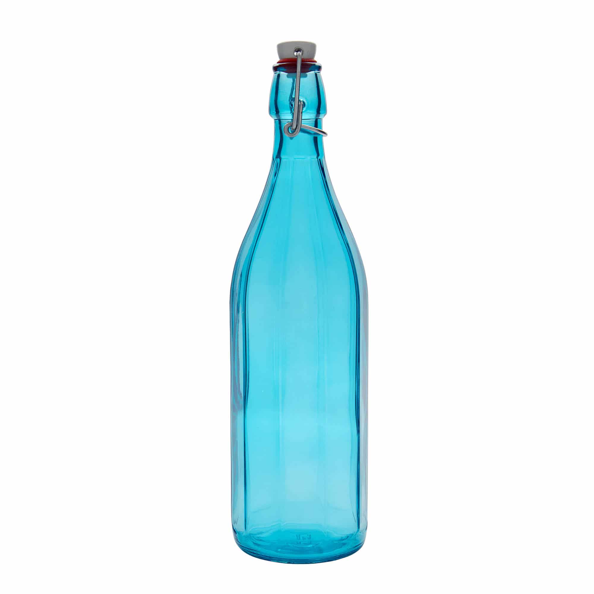 Glazen fles 'Oxford', 1000 ml, tienhoekig, azuurblauw, monding: beugelsluiting