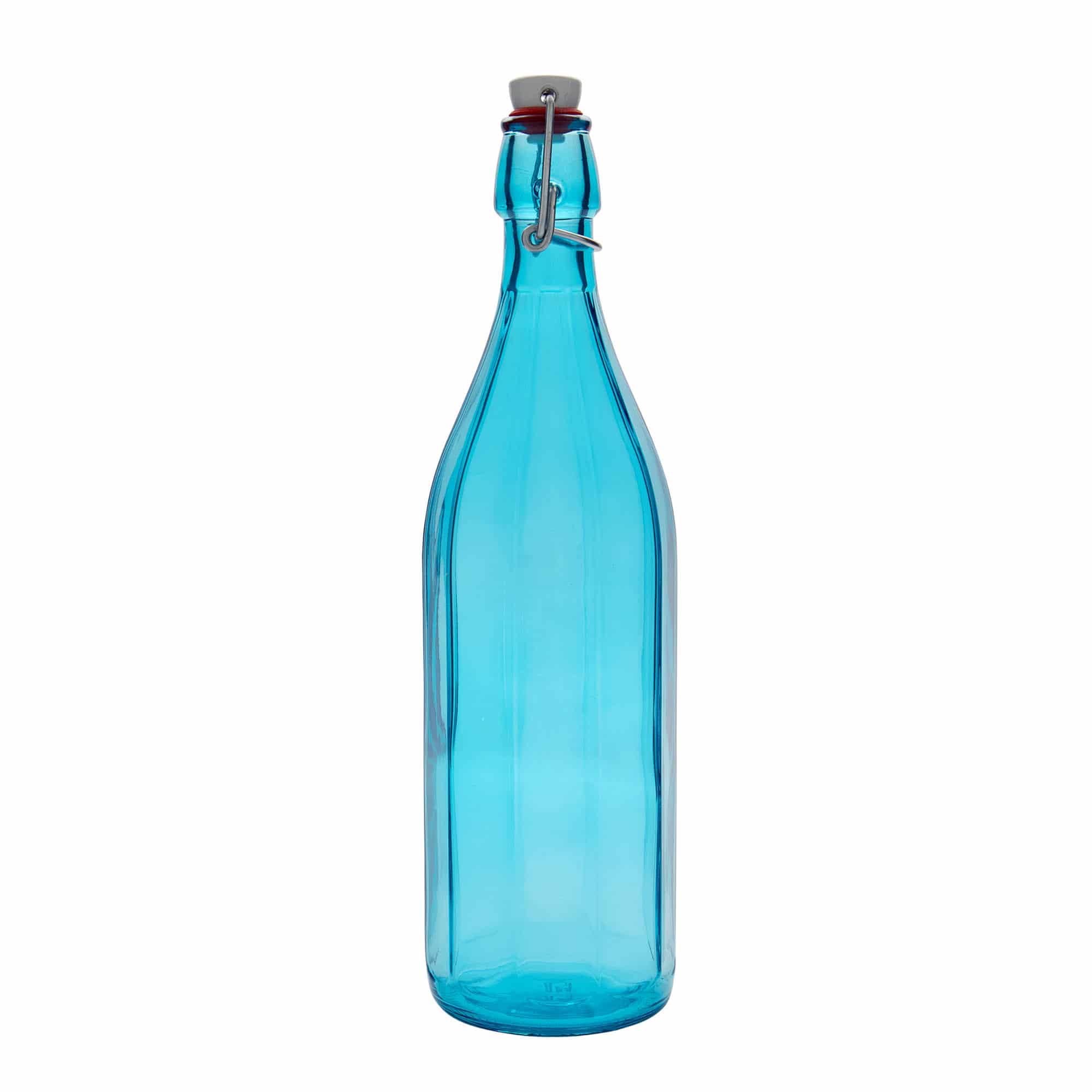 Glazen fles 'Oxford', 1000 ml, tienhoekig, azuurblauw, monding: beugelsluiting Glazen fles 'Oxford', 1000 ml, tienhoekig, azuurblauw, monding: beugelsluiting
