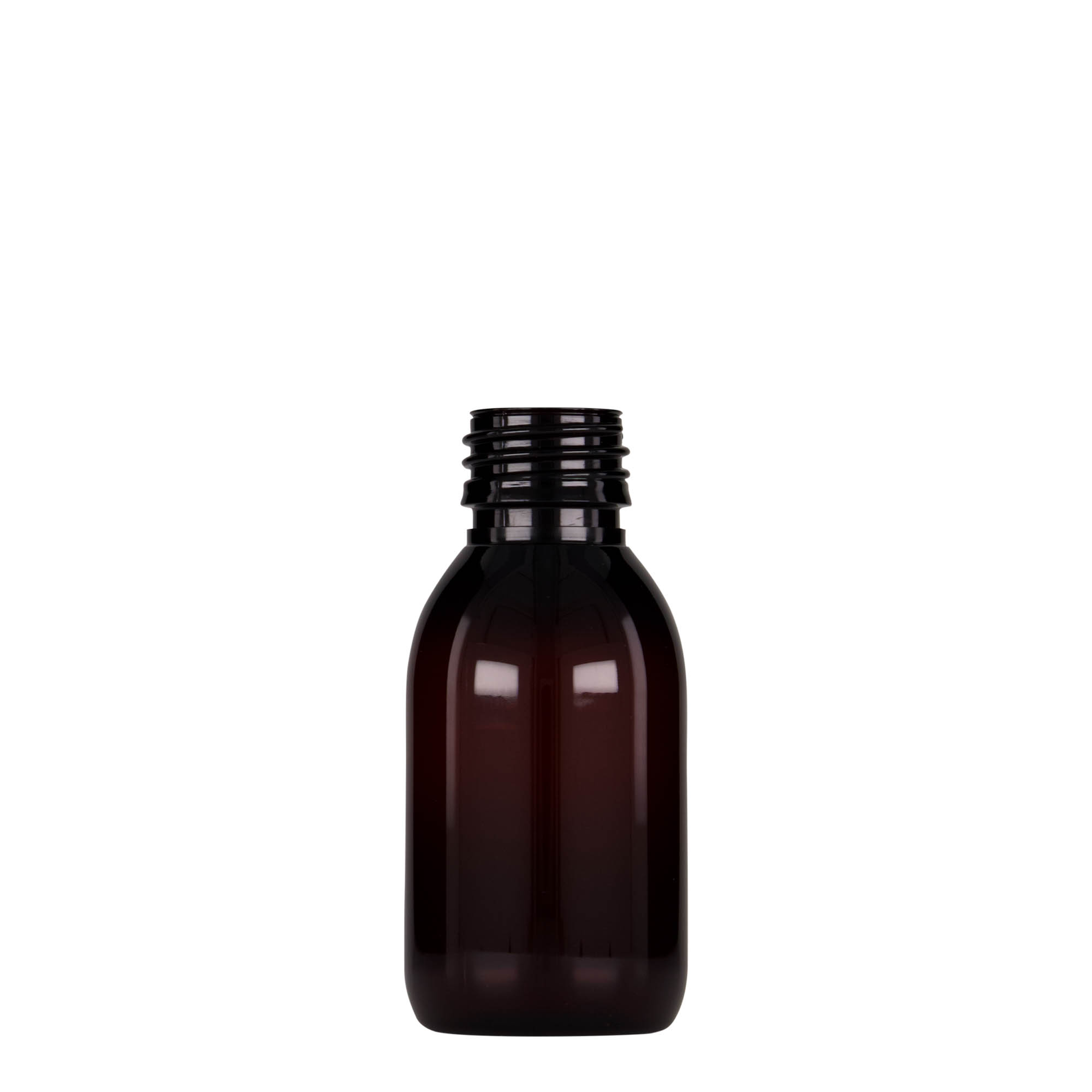 100 ml PET-medicijnfles, bruin, kunststof, opening: PP 28