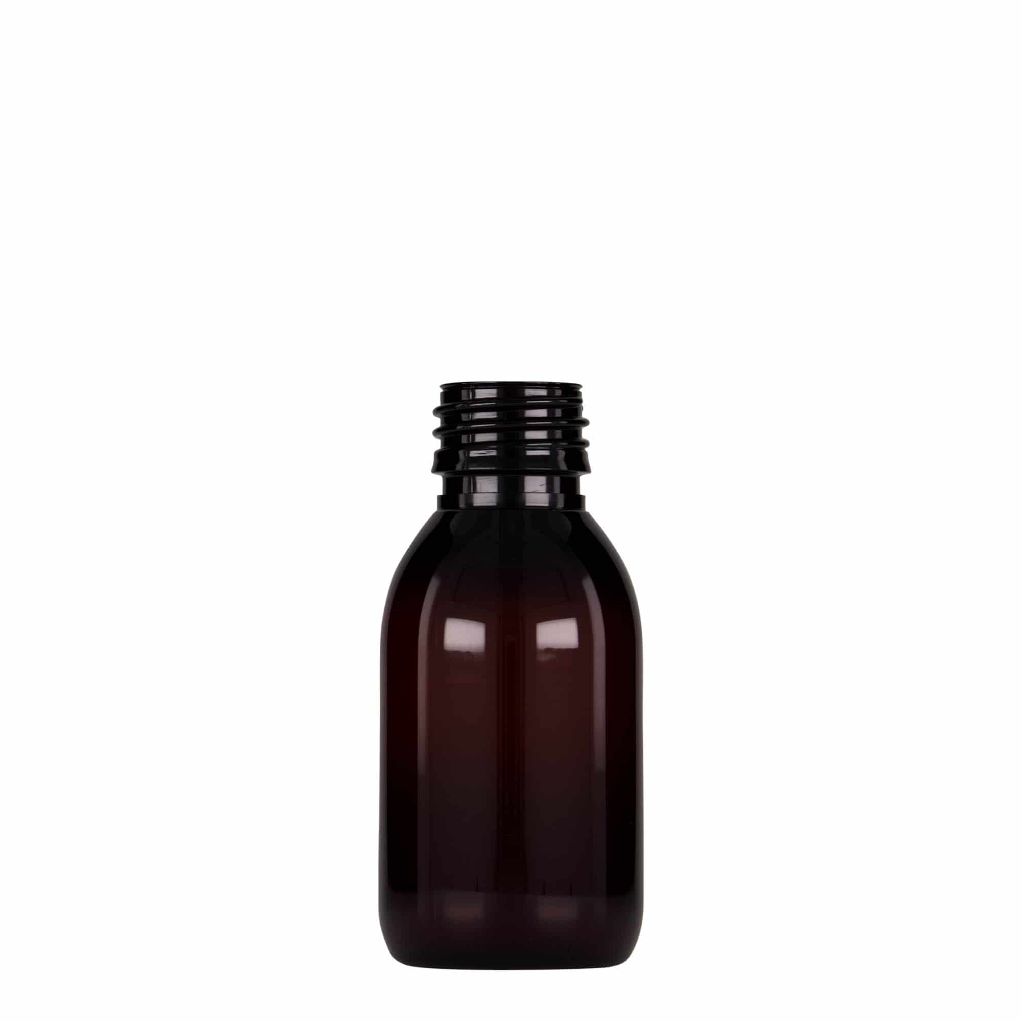 100 ml PET-medicijnfles, bruin, kunststof, opening: PP 28