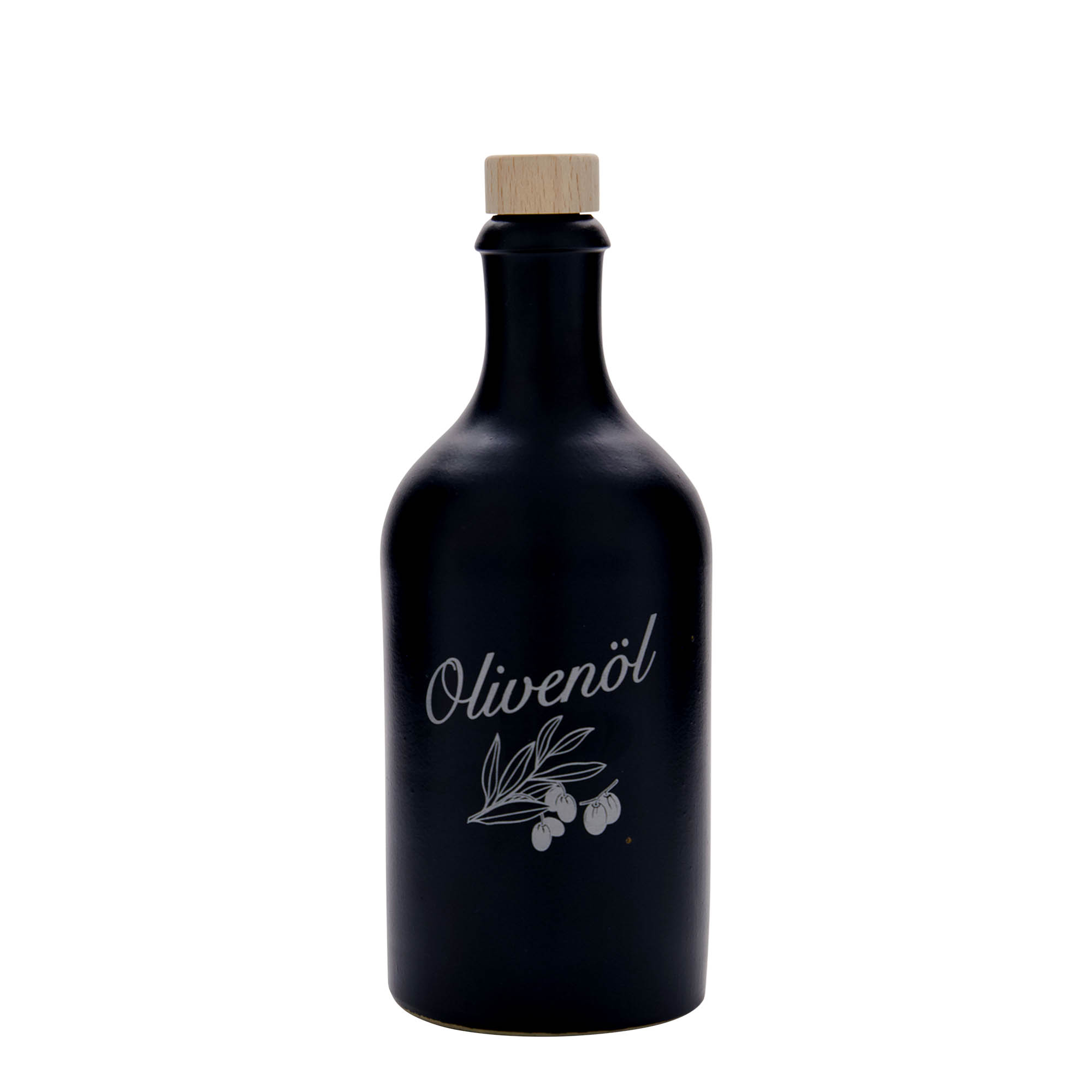500 ml Tonkruik, motief: olijfolie, steengoed, zwart, monding: kurk 500 ml Tonkruik, motief: olijfolie, steengoed, zwart, monding: kurk